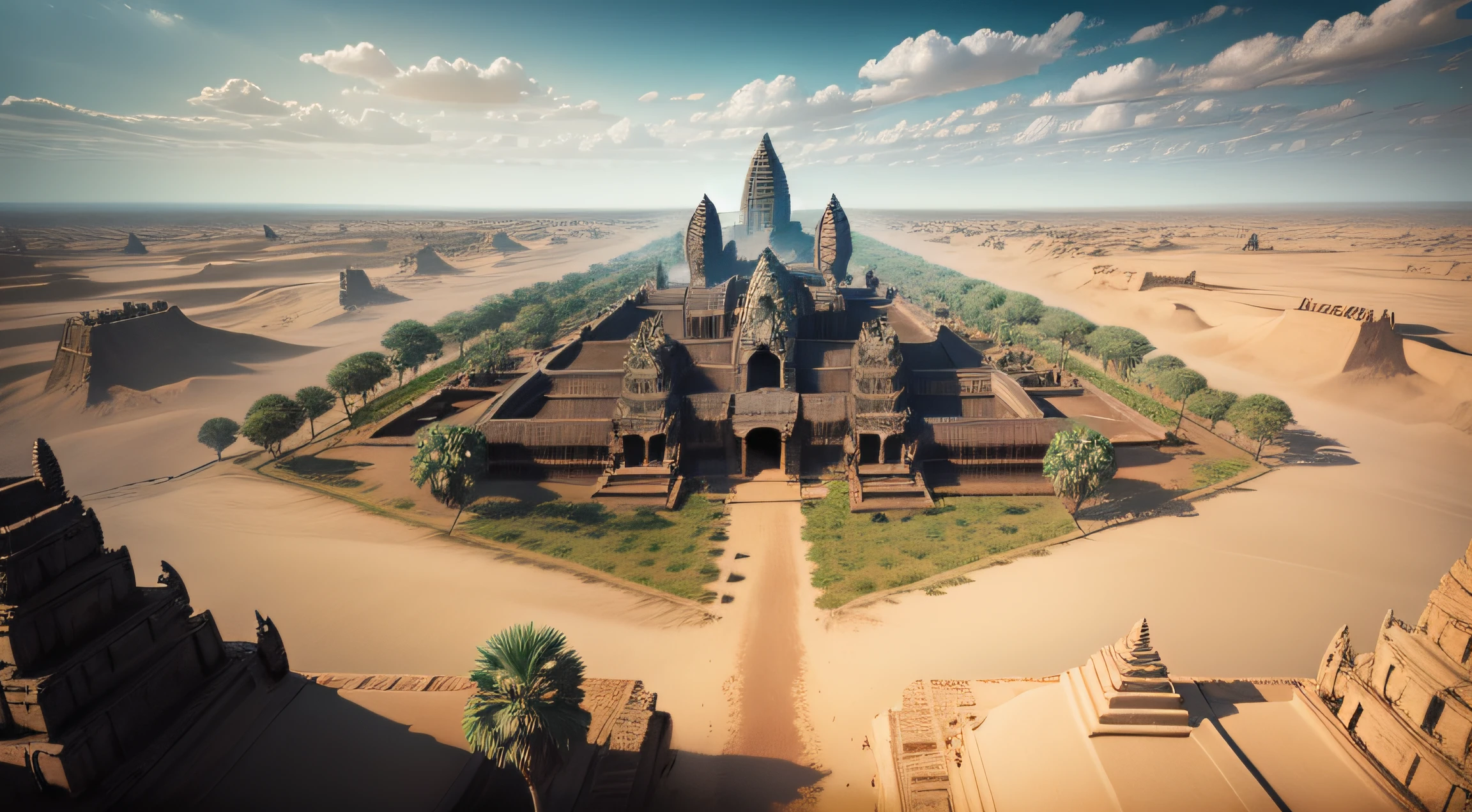 angkor wat in the desert sand, realistic landscape, 8k, realistic texture, high quality photo,