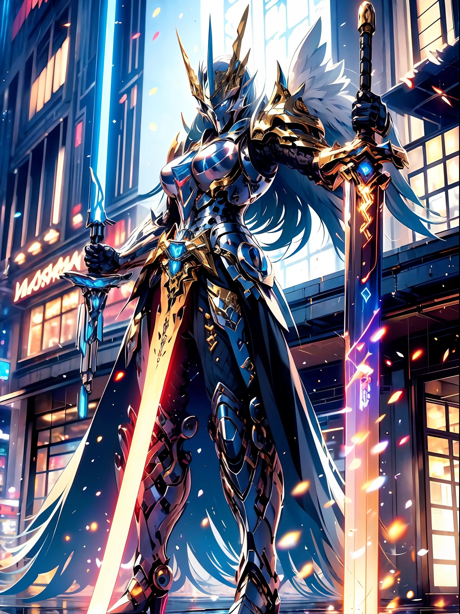 (Masterpiece, Best quality), Asgard,Valhalla Valkyrie armed with a lightsaber,Lady Knight, Light magic, Divine, magewave, Silver and gold, 4K, dark cityscape, Fuji Film