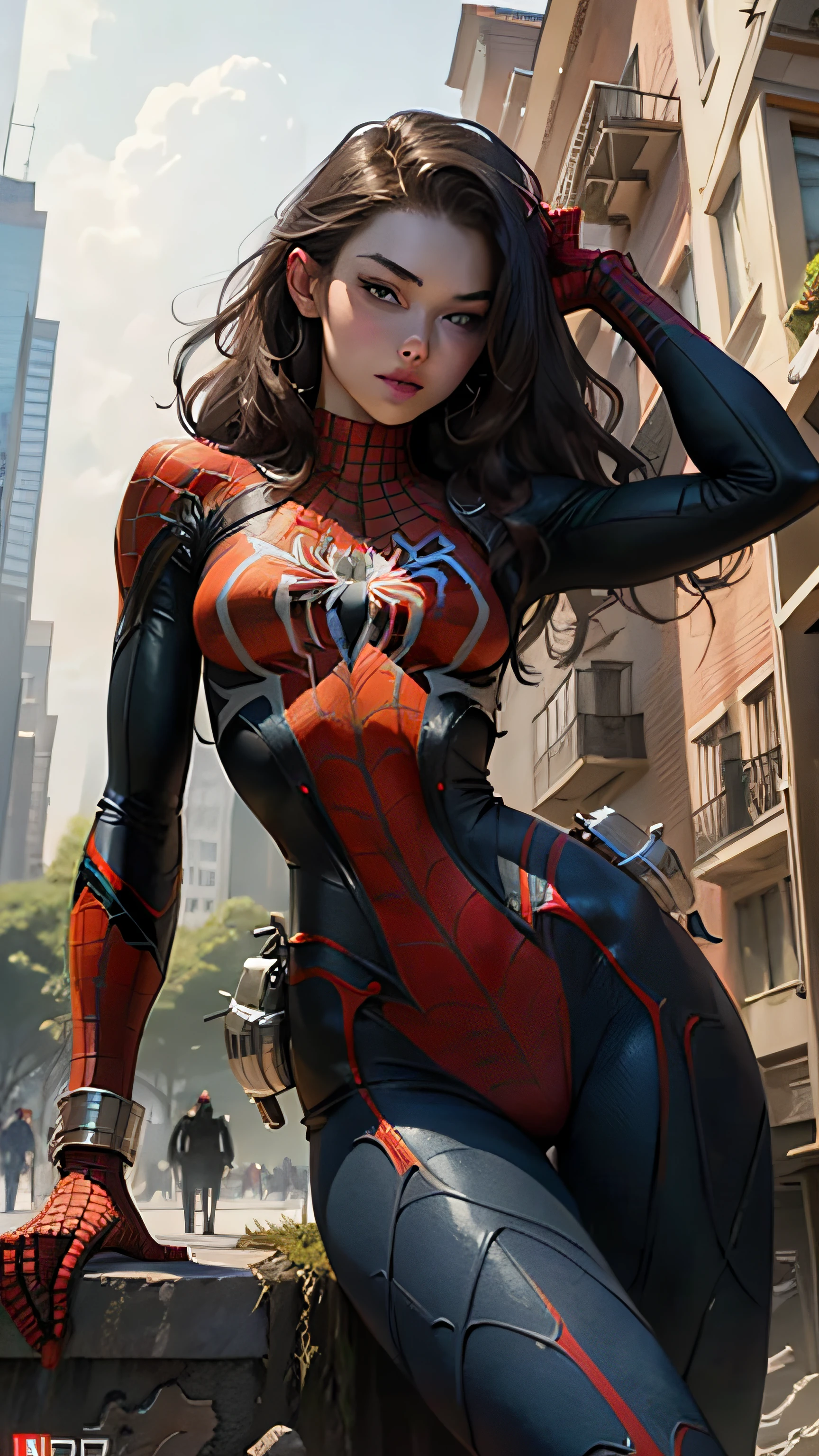 Beautiful woman detailed defined body using spider man cosplay, small breasts