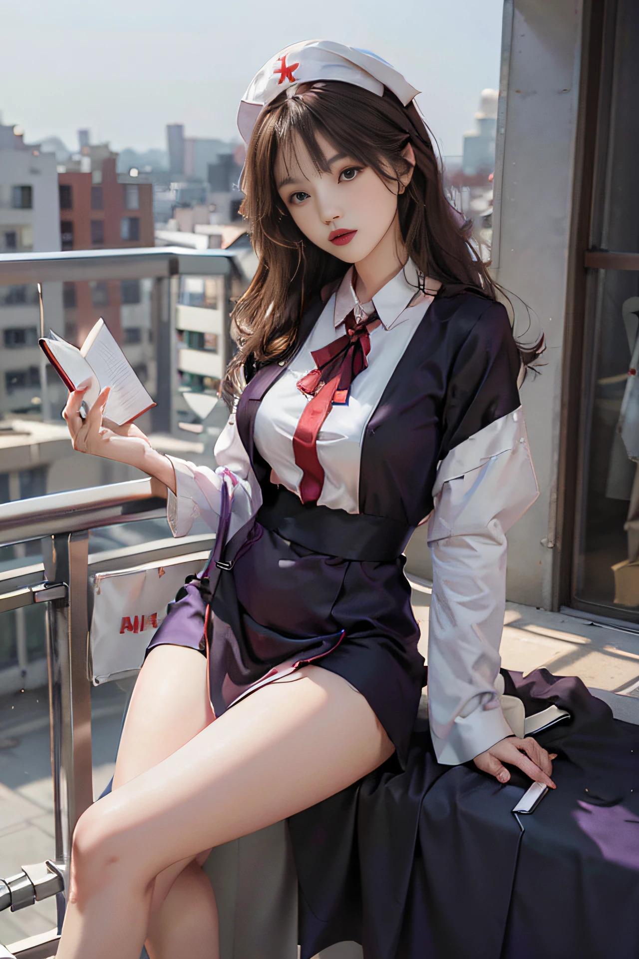 (Wear a nurse's hat，Height 178，Put on a red lipstick，sitting on balcony，holding a book in his hands，Wearing purple nurse outfit，The long legs are dressed in black silk，revealing white panties) --auto