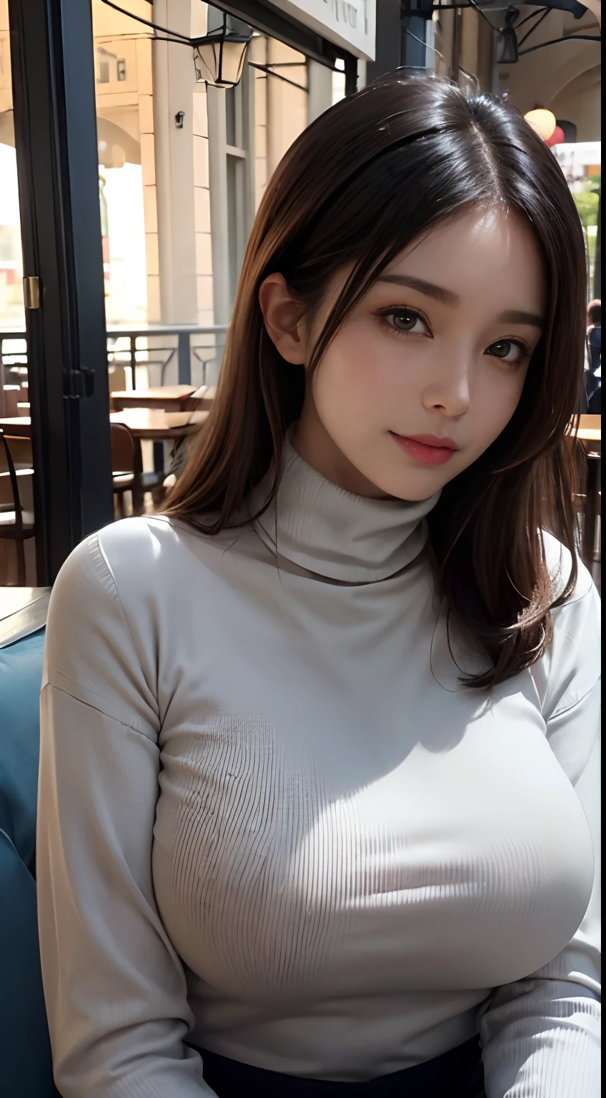 ((A mature woman sits in front of a café)),((turtleneck shirts:1.3)). 40k, Photography, Masterpiece, Best quality, dark grey background, ((Mature women, Wife, Mom, A MILF)), ((A plump chest)), Perfect face, perfect boobs, ((Breast-huge)), ((1 girl with brown eyes and gorgeous light black hair)). a Pretty Japanese woman,full soft breasts and white skin, ((very soft breasts)). Ultra-detailed face, Detailed eyes, Embarrassed, Smile, Summer, Daytime, (((Slave collar))), Half body, dated