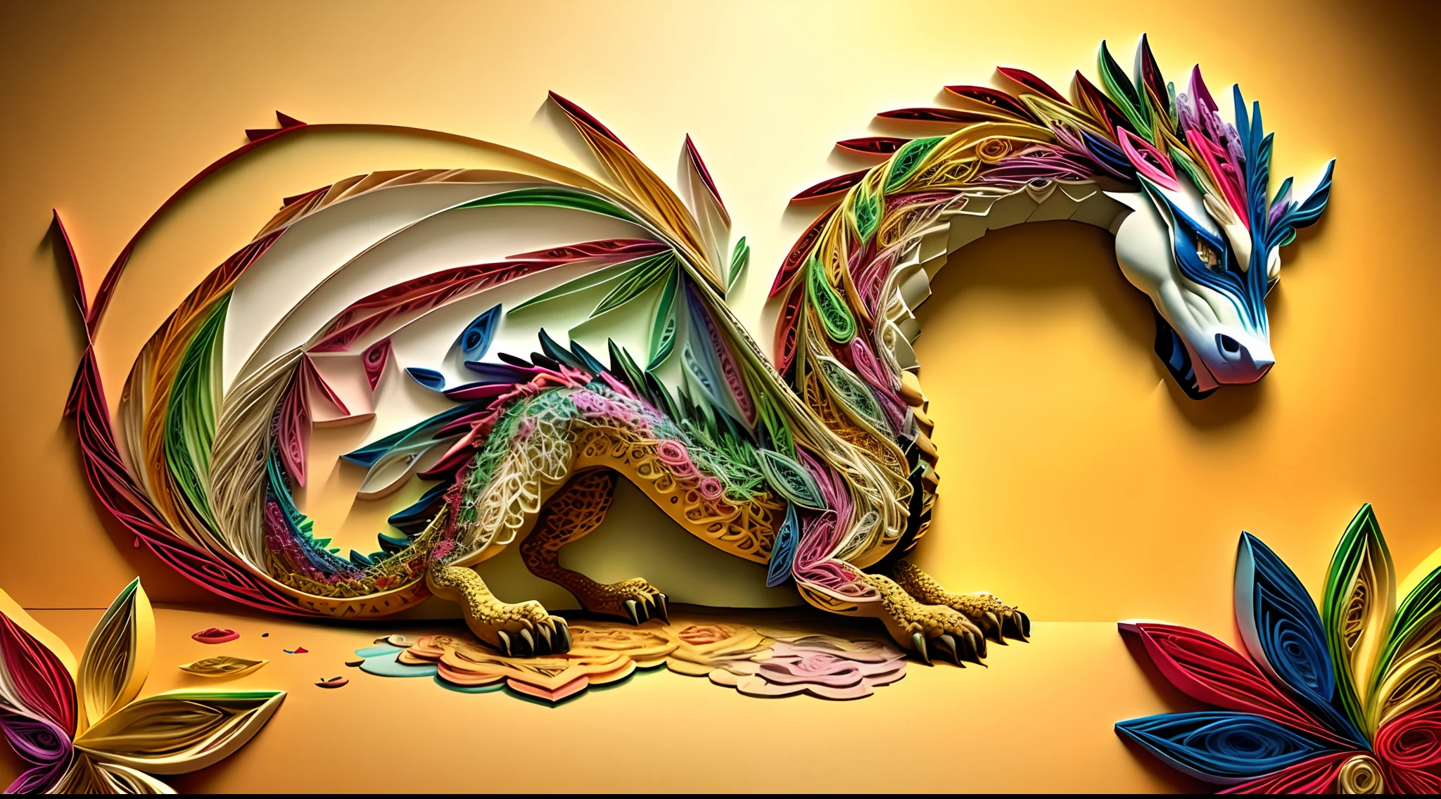 a dragon, flowers, golden glitters, multi dimensional quilling paper, art, beautiful, colorful, Masterpieces, top quality, best quality, official art, beautiful and aesthetic,((16k ultra realistic))