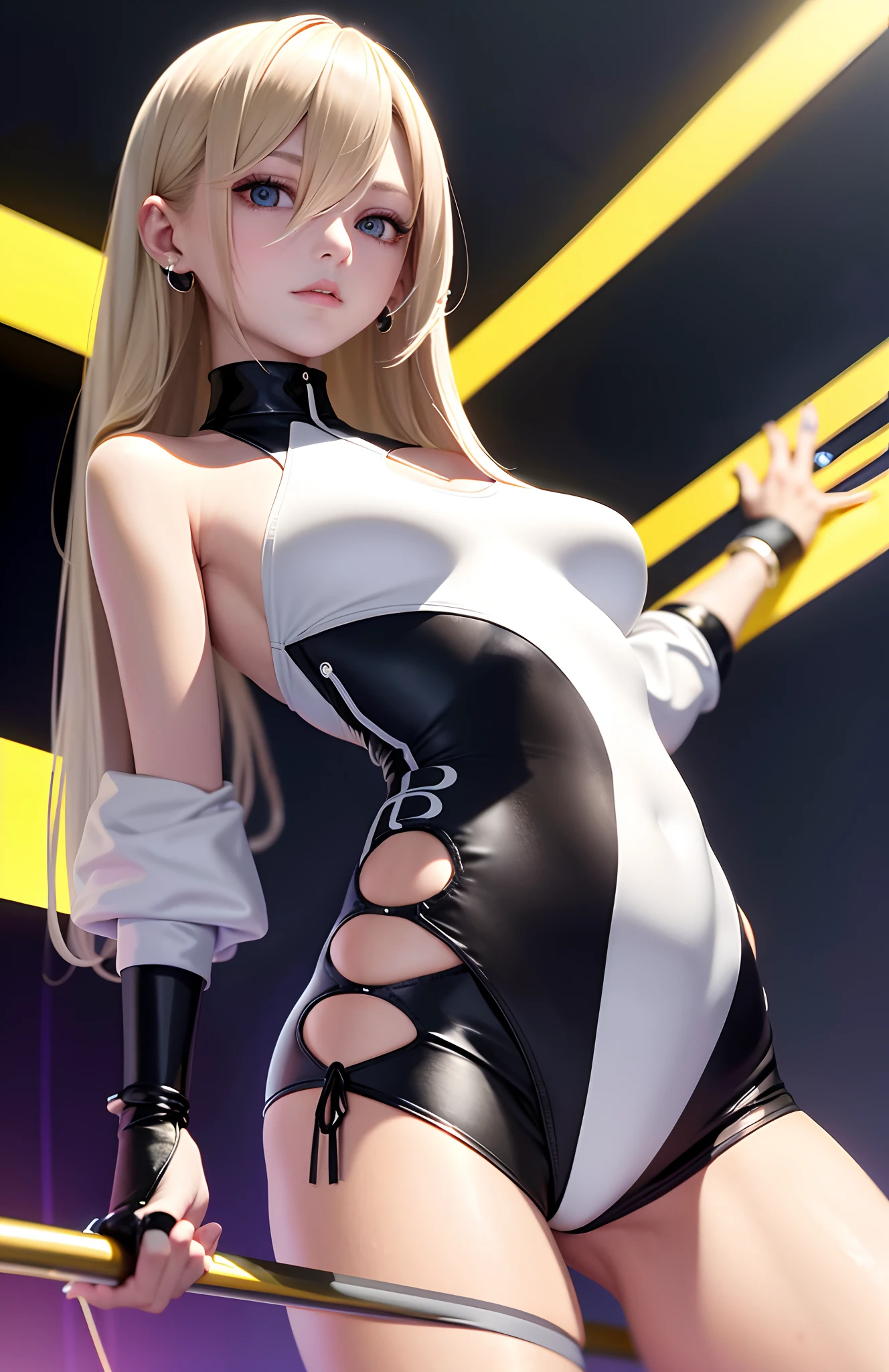 optimum,tmasterpiece,A high resolution,best qualtiy,hyper HD,super detailing,Award-Awarded,16k,独奏,(The upper part of the body),anatomy correct,Beautiful cyberpunk girl,cute face,,Gradient Beige Hair,Hairline,((Scarlet eyes)),long eyelasher,Hanging eye corners,White skin of the,(small boobs),(Slim body),((Women's super short shawl leather jacket)),((bikesuit)),ear studs,(neck rings),(Laser material clothing:1.2)
