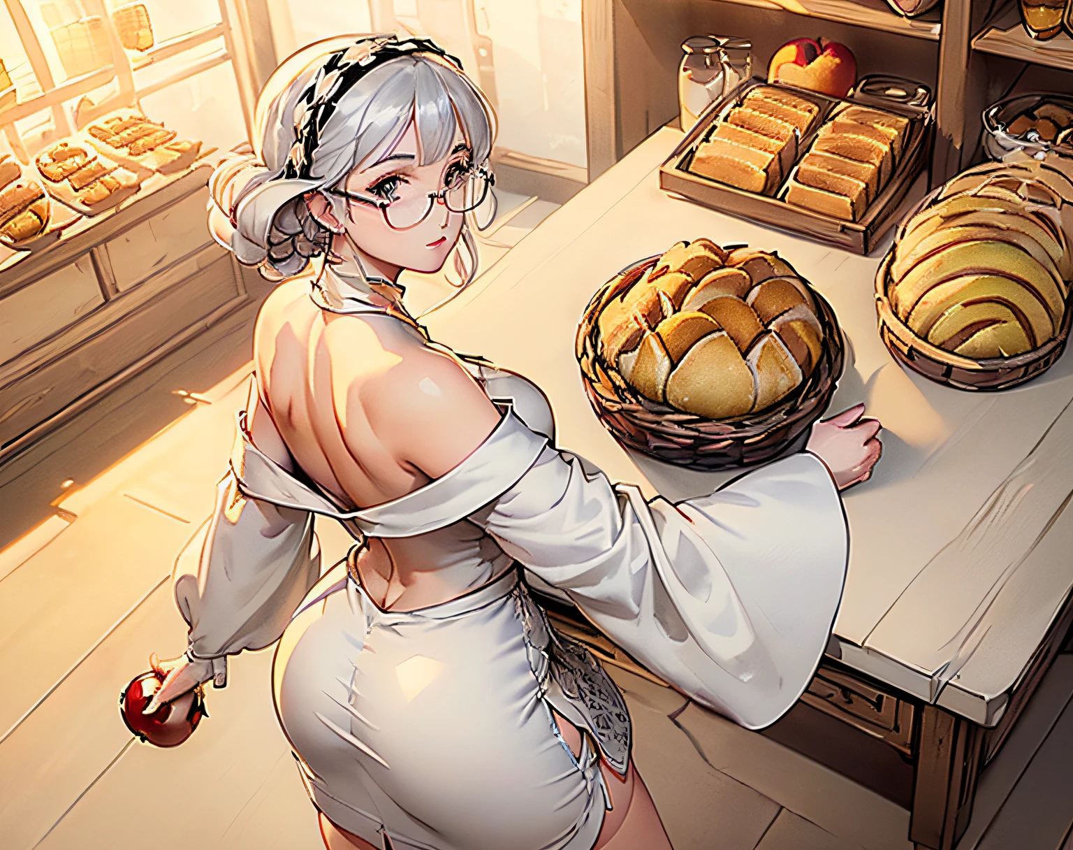 (master piece:1.3),(ultra detailed:1.1),
(solo,1.3),(Light gray eyes:1.2),
(white hair:1.3),(Silver round glasses:1.3),(round face:1.2),(big ass:1), (thick thigh:1.2),(curvy:1.1),(medium breasts:1.35), light smile,
(white Medieval Fantasy Clothing, white off-the-shoulder dress, Miniskirt, slit, Backless dress:1.5), (nose blush:0.6),
(beautiful ultra detailed eyes, highly detailed skin, Glossy and glowing skin:1.1),looking back,
background,(fantasy Store, Clerk:1.1),(Lots of Bottled honey on the back shelf:1.4), (crowded, city scraper in distance:1.4),(insanely detailed:1.1),(bread basket, Apple Pie:1.6),close up:1.2, upper body, dynamic angle:1.4,(Lots of honey, Lots of bread, Lots of fruit, crowded:1.2),
(from above:1.4), looking at viewer, sunlight, professional lighting,(professional lighting, shading:1.3),(highly detailed background:1.2),Indoor,
(background medieval fantasy town:1.1),(Medieval fantasy world:1.3),
(physically-based rendering, professional lighting, photon mapping, radiosity, soft light, lens flare:1.3),
pale color,