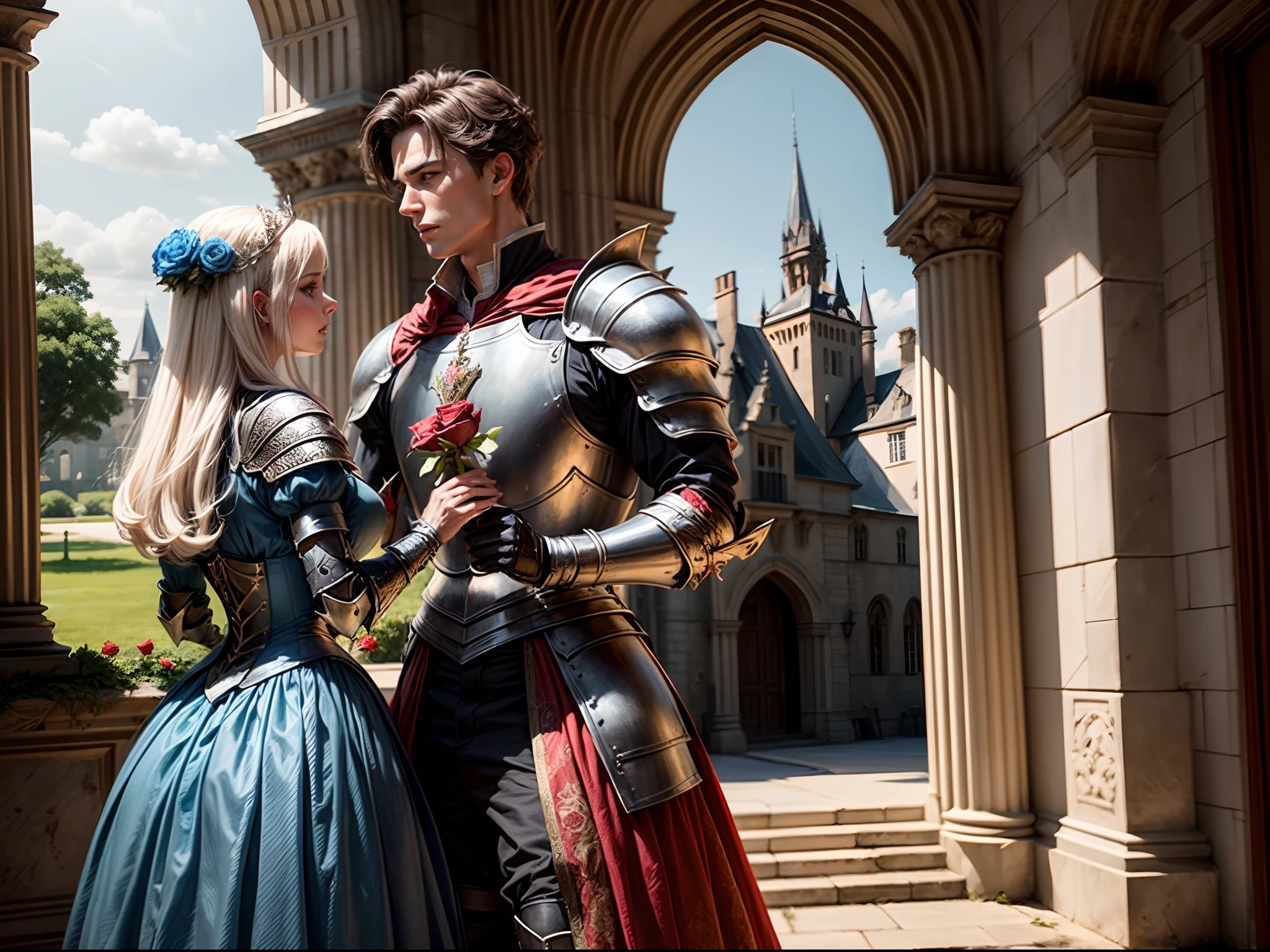 a young royal knight wearing sliver plate armor gives a lady a red rose, (noble lady wearing a long blue dress), castle in the background