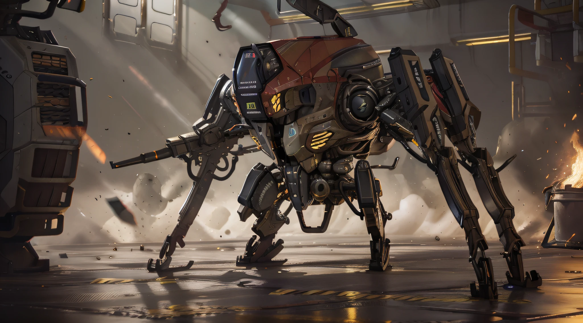 cybernetic insect. Six legs. Breaks out of the lab. There are sparks, Fire and smoke all around;. bright light. Clear details. sharp edges, sci-fi technology, Technological flair, 8k рендер, bright light, reflections on floor