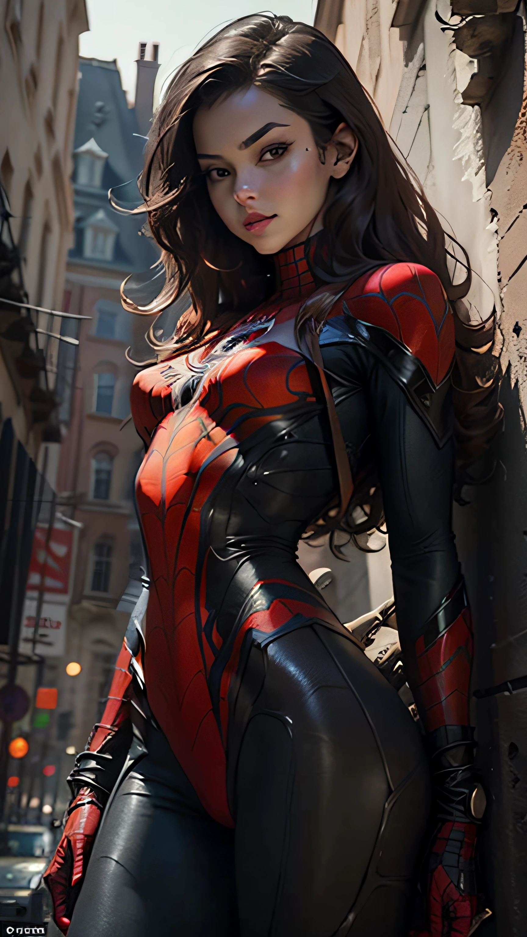 Beautiful woman detailed defined body using spider man cosplay, small breasts