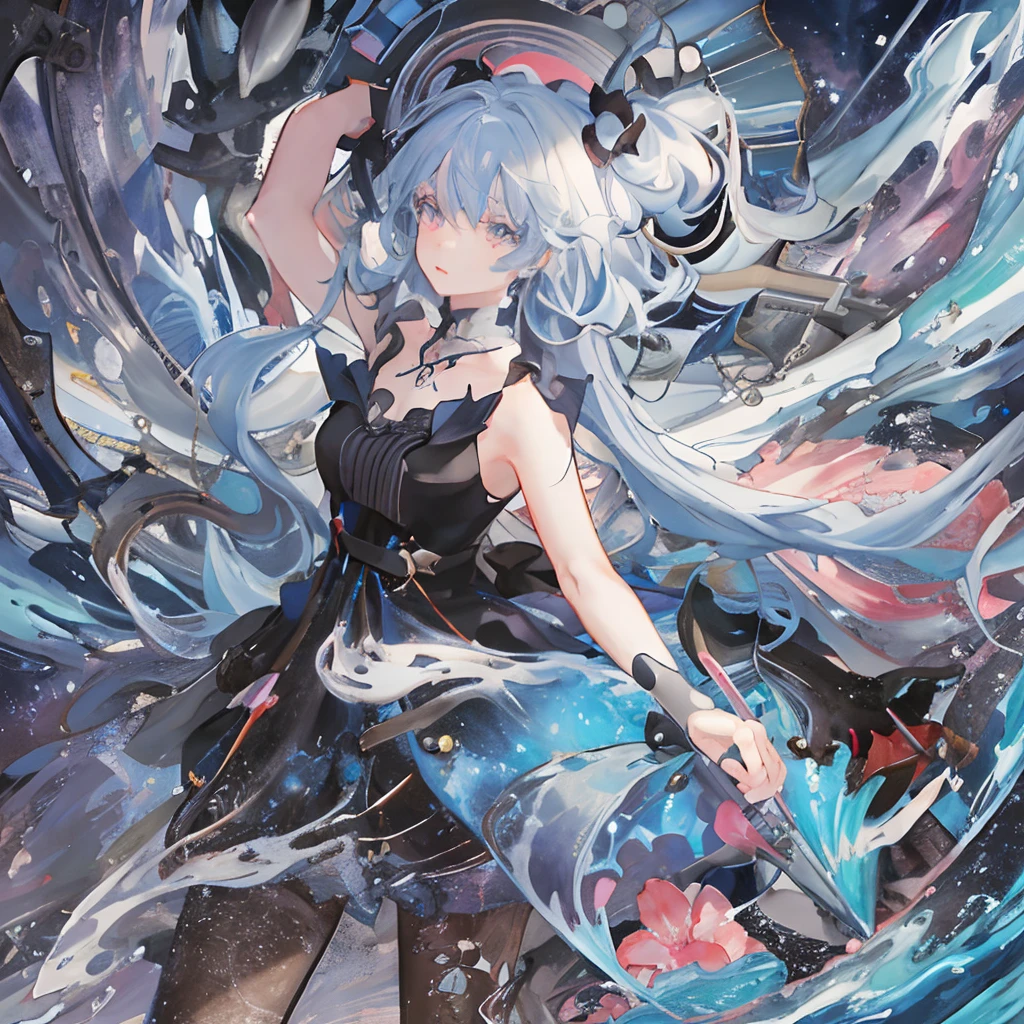 Anime girl with long hair and black dress with pink and blue umbrella, anime style 4 k, anime abstract art, Anime art wallpaper 8k, anime art wallpaper 4k, anime art wallpaper 4k, digital art on pixiv, anime girl with cosmic hair, anime wallpaper 4 k, anime wallpaper 4k, nightcore, digital art in anime style, beautiful anime artwork　Fume、Lack of strength in the eyes、Do not draw contours、Pale watercolor、