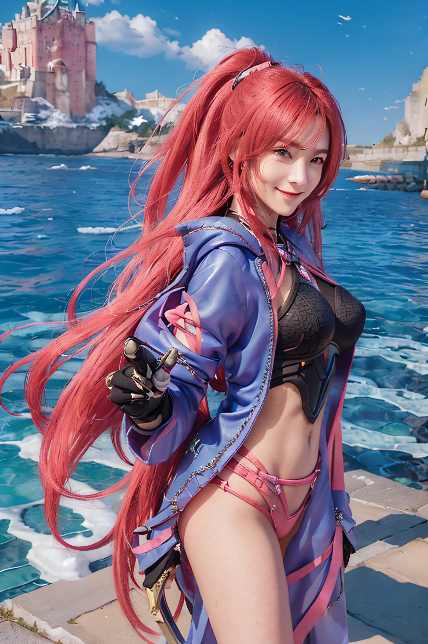 female, glaze, beauty, long hair, smile, feminim, standing at castle background, holding a blade, attack style, wear battlesuite, photorealistic, masterpiece