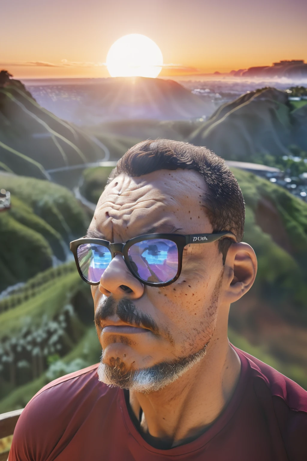 guttonerdvision10, um homem de oculos (((sentado na varanda rustica de madeira))) de sua fazenda, apreciando o (((nascer do sol))), (hyper-realistic, uhd:1.2), octane render, 8k