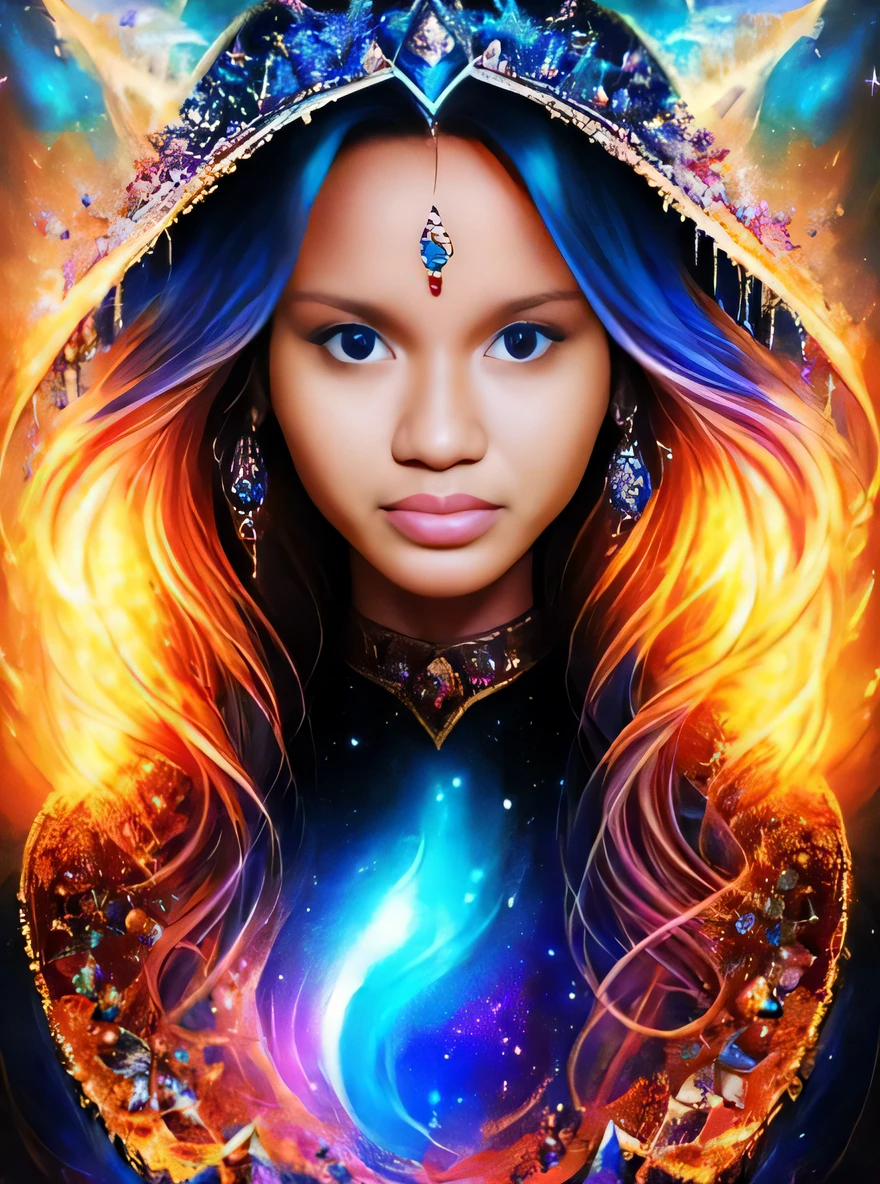 a woman with long hair and a crown on her head, portrait of a cosmic goddess, Mago Celestial Lindo, cosmic goddess, Um retrato impressionante de uma deusa, divine cosmic female power, aparece como a deusa do fogo, Ela tem poderes de fogo, goddess of space and time, Retrato da Deusa, feiticeira bonita, Retrato da deusa 3D, retrato bonito da arte da fantasia