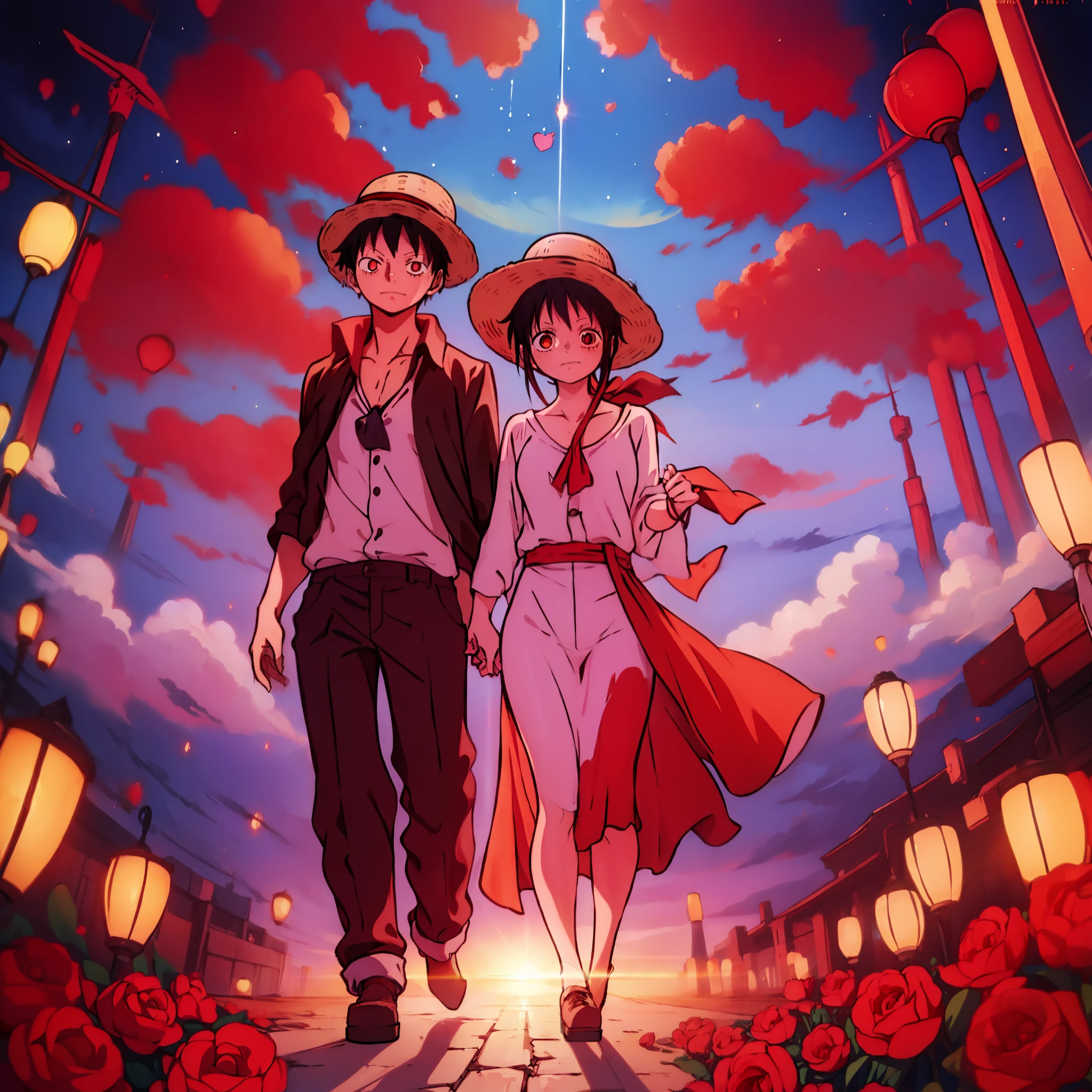 Makima, monkey d luffy, couple ,Lovey Dovey,, , ,, 1boy+1GIRL, couple, subrealist, sky , tulipan, nighte, psychedelic