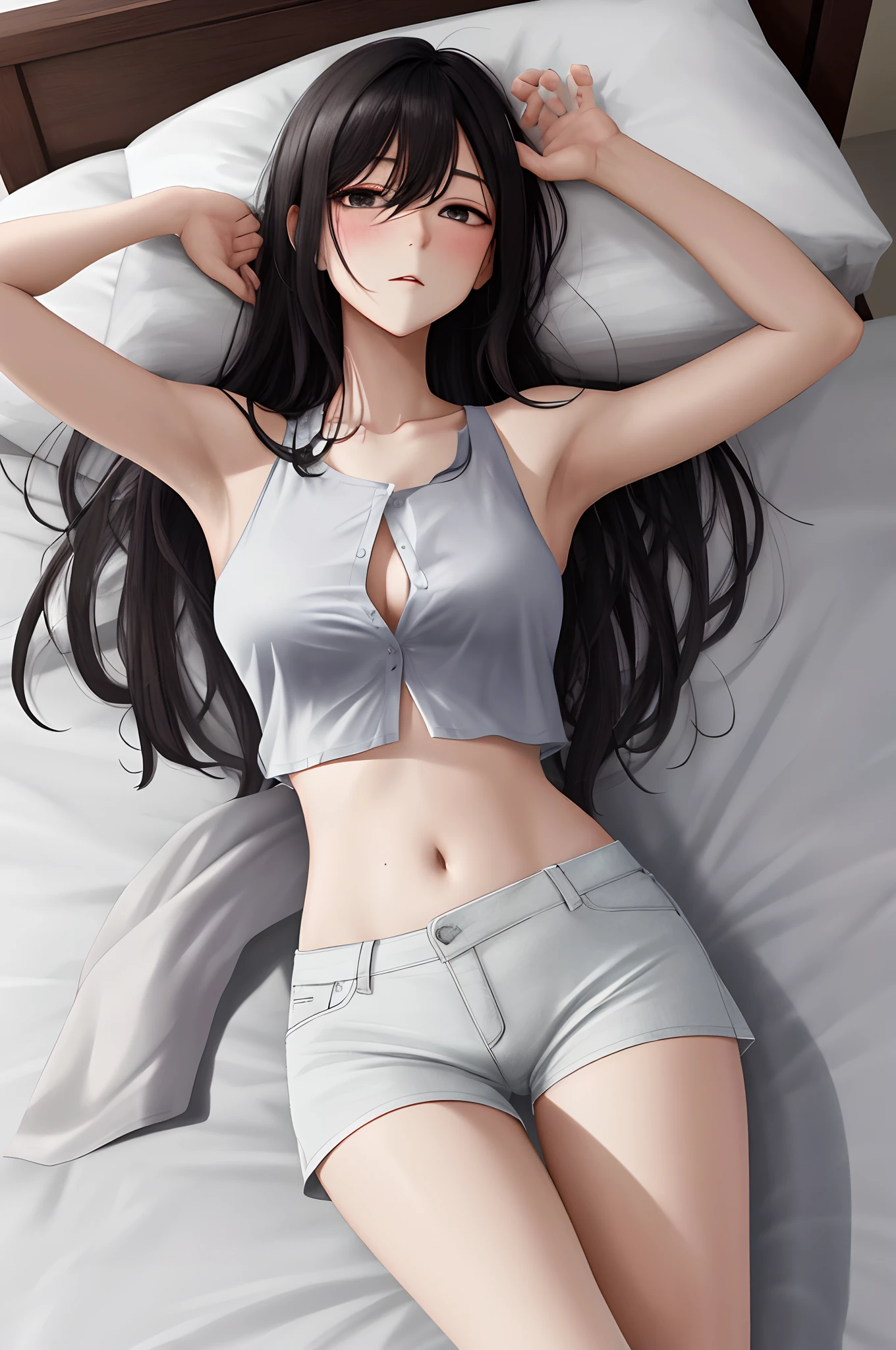 ((masterpiece, top quality, very detailed, high resolution)), ray tracing, calm room, girl 1, black hair, long hair, 18 years old, 168 cm, middle of chest, pectoral groove, full body, slender, thin waist, thighs, calves, beautiful legs, beautiful arms, beautiful eyes, purple eyes, well-formed features, cute, depiction of movement, cute clothes, no shoes, sleeveless (socks, soles), makeup