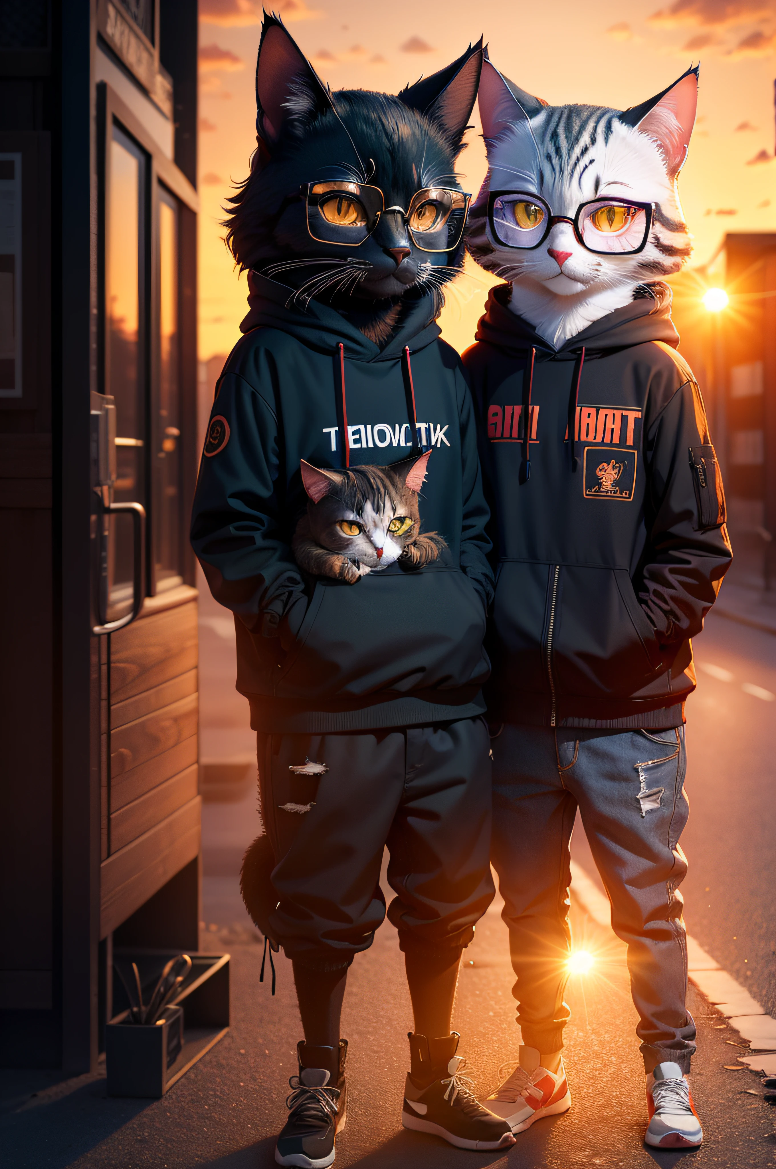 Cats wearing glasses, wearing torn clothes, behind a sunset, realistic, 3d effects, 8k, Adobe Illustrator, thin strokes, vector