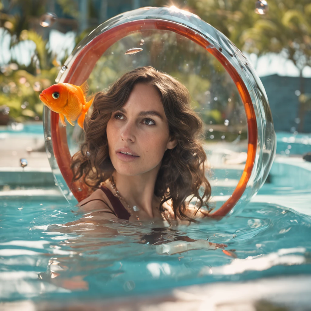 (Adult Spanish woman:1.6), (round aquarium on head with goldfish:1.3), (polyvinyl Jacket With Rivets:1.3), best quality, sunlight, detailed face, gorgeous eyes, realistic skin details, high quality, seen from below, romantic, high quality, film grain, Cinematic Light, sidelighting, sharp focus