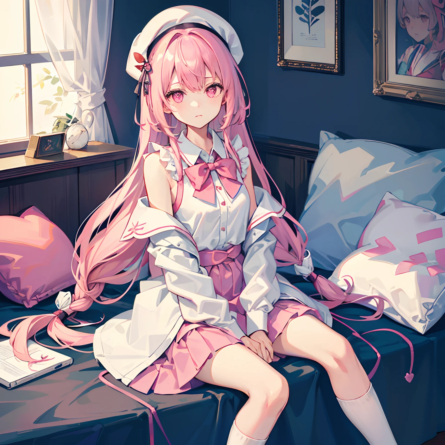 {1girll,独奏}White knee-length socks,Pink cotton slippers,broad white blouse,Pink shawl coat,pleatedskirt,Bare shoulders,A pink-haired,Long messy hair,Very long hair,right side braid,Hair tied on the right side,Red bow tie,White berets,Indoor girls,Lazy expression,The body is petite,Computer,sofe,Coat rack,Snacking,Comic books scattered all over the place,Cluttered bed,Sit cross-legged,{Lazy atmosphere},{sportrait:1.2},{Masterpiece},{Best quality at best},{extremelydetailed8Kwallpaper},{超高分辨率},{Delicate background},{Sparkling pink eyes},gentlesoftlighting,Warm light,Front view,volumettic light,Loose fit,Sweet clothing compartment,(intricately details),{delicate adorable face},(A detailed eye),