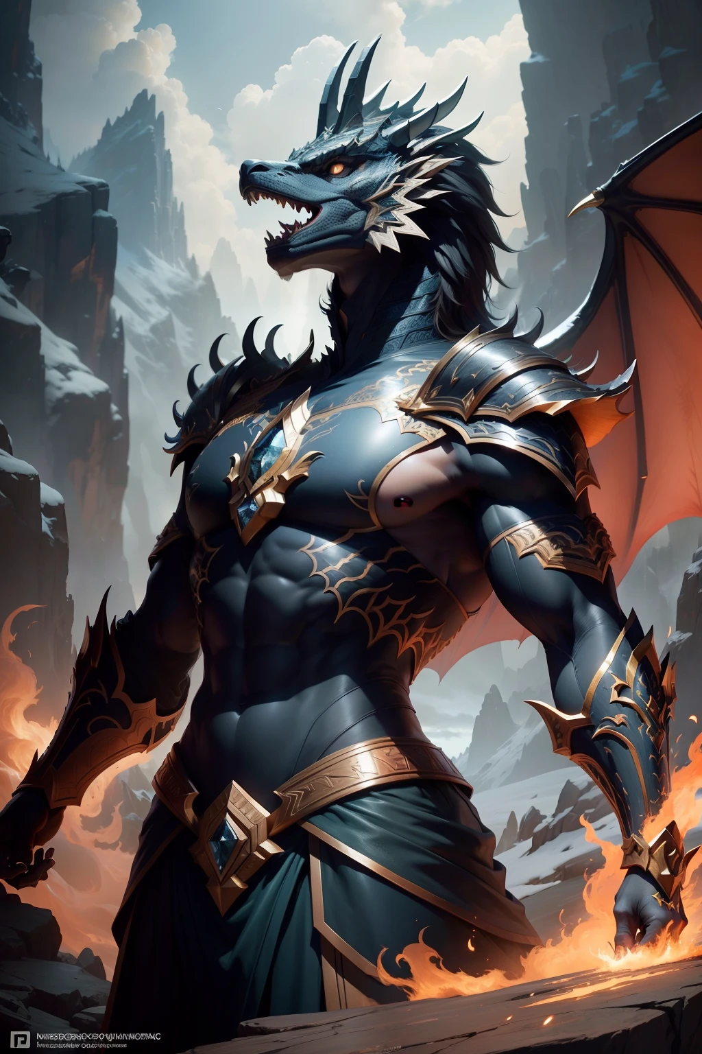 "Illustrate the majestic Draconic Warden of the Peaks in a dynamic and powerful scene. Capture its regal presence with intricate details and vibrant artistry. Use the Nikon D850 camera and the Sigma 50mm f/1.4 DG HSM Art Lens to highlight its majestic features and photorealistic rendering."