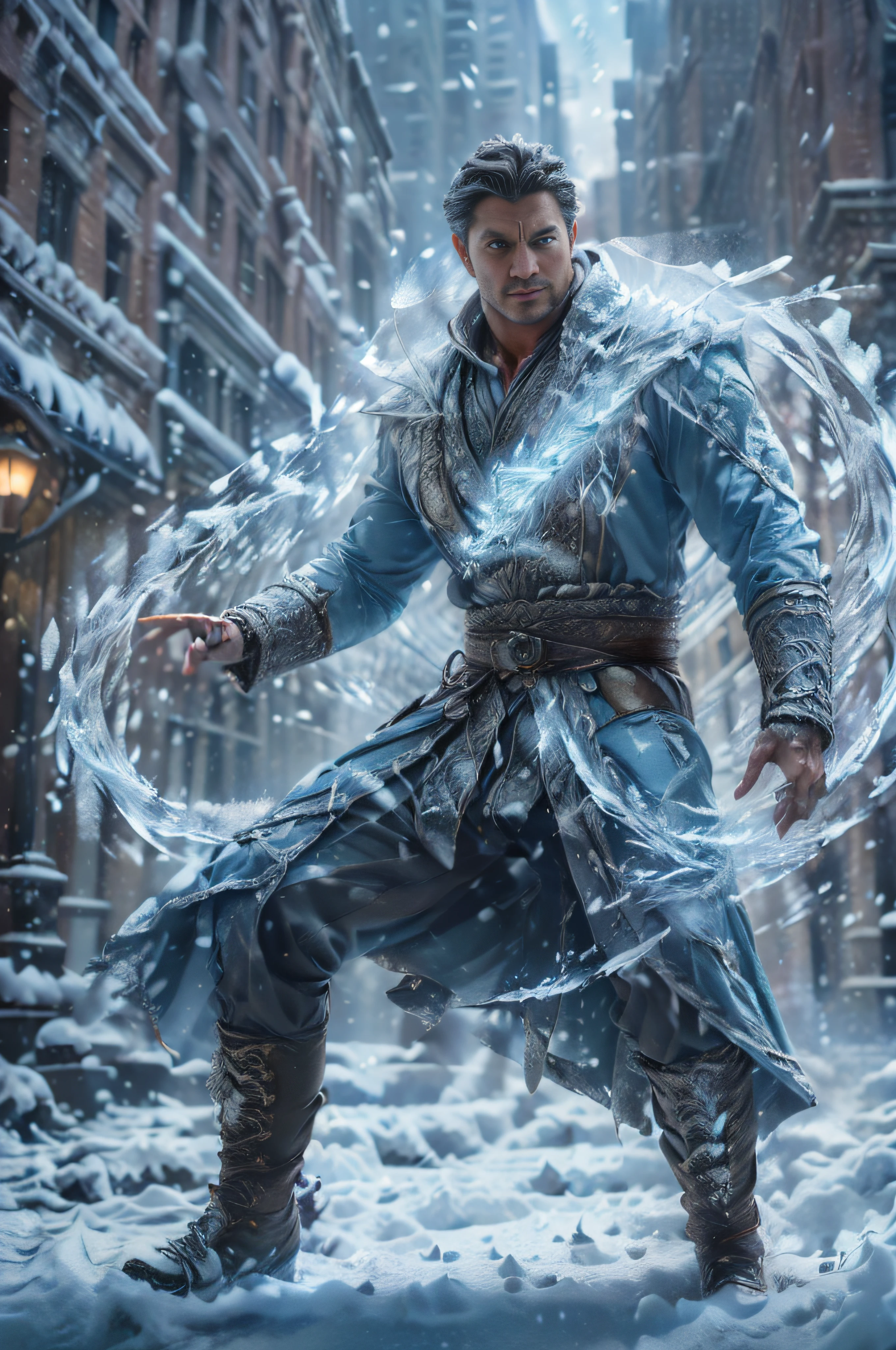 realistic, ((masterpiece)), ((best quality)), (detailed), cinematic, dynamic lighting, soft shadow, detailed background, professional photography, depth of field, intricate, detailed face, subsurface scattering, realistic hair, realistic eyes, muscular, manly, photo of a handsome man, ice-flurry, (snow), magic, dynamic pose, fighting stance, portrait, upper body, outdoors,