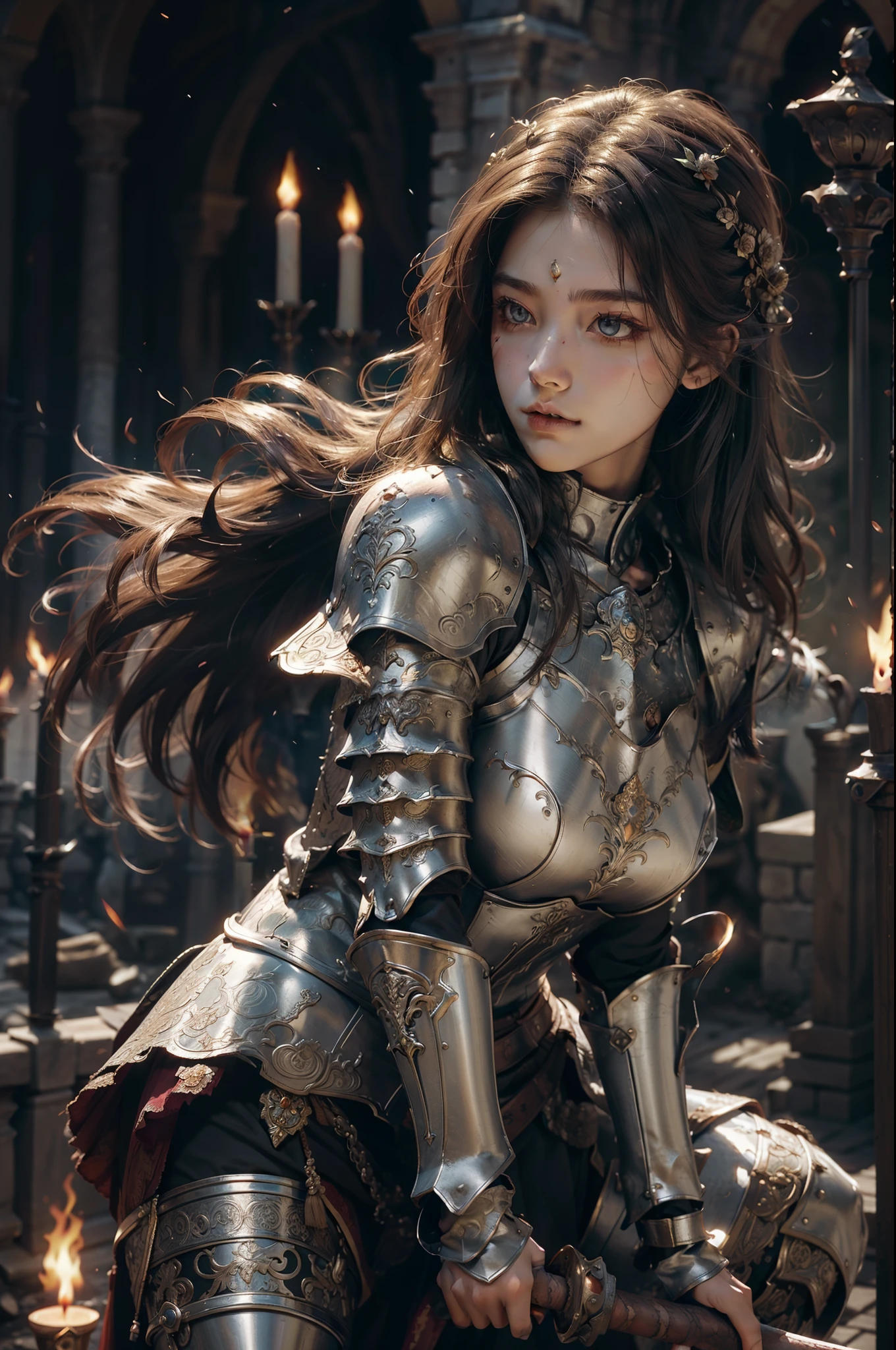 Masterwork, Beautiful woman knight looking over the battlefield, dressed in full plate mail, large breasts beneath a female breastplate, delicate carved rose detail in the chest, intricate carved details throughout the armor, beautiful face with long shoulder length brown hair blowing in the wind, high cheek bones, one with a deep cut bleeding, cheeks covered in soot from fires, large expression filled eyes, and full lips, looking fatigued but determined. Holding helmet under one arm and spear in the other, the torches lit on the battlements reflecting behind her, and on her armor, full moon over head, shining down at night