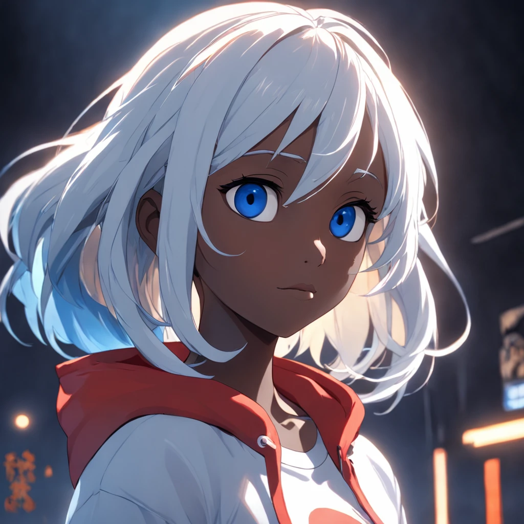 Female, , 3D Pixar style character, bulk body, front image, dark skin color, white hair color, blue eye colur, clothing, white T-shirt with red jacket, looking at viewer, solo, upper body, ((masterpiece)), (best quality), (extremely detailed), depth of field, sketch, dark intense shadows, sharp focus, soft lighting, hdr, colorful, good composition, spectacular, anime screencap, detailed eye. detailed image, white background, rendered in unreal, movie promo image, rendered image masterpiece, best quality, movie still, close-up, bright, happy, warm soft lighting, (sparks:0.7) masterpiece, best quality, movie still, close-up, bright, warm soft lighting, (sparks:0.7) --auto --s2