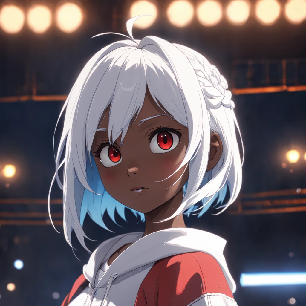 Female, , 3D Pixar style character, bulk body, front image, dark skin color, white hair color, blue eye colur, clothing, white T-shirt with red jacket, looking at viewer, solo, upper body, ((masterpiece)), (best quality), (extremely detailed), depth of field, sketch, dark intense shadows, sharp focus, soft lighting, hdr, colorful, good composition, spectacular, anime screencap, detailed eye. detailed image, white background, rendered in unreal, movie promo image, rendered image masterpiece, best quality, movie still, close-up, bright, happy, warm soft lighting, (sparks:0.7) masterpiece, best quality, movie still, close-up, bright, warm soft lighting, (sparks:0.7) --auto --s2