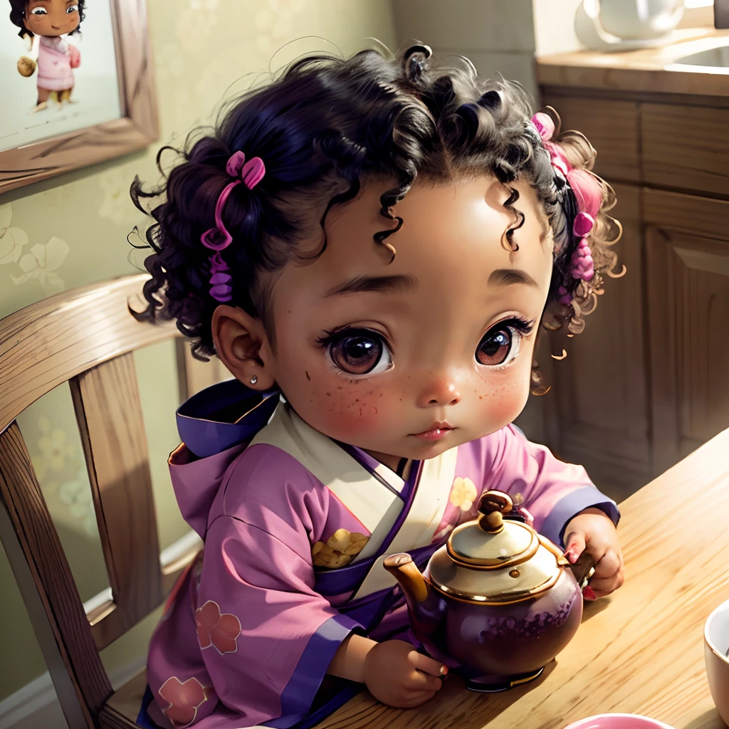 Cute brown skinned chibi anime, with freckles,purple and pink kimono, sit in the tea pot, drink tea, curly black hair, in a frame, full body