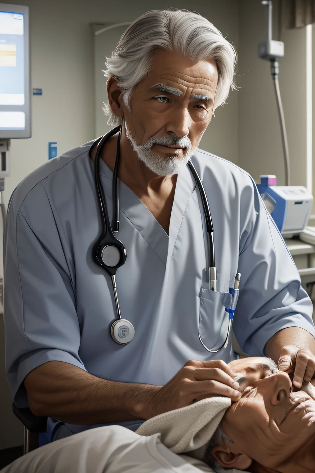 A gray-haired, wise, hundred-year-old man undergoing surgery at the hospital