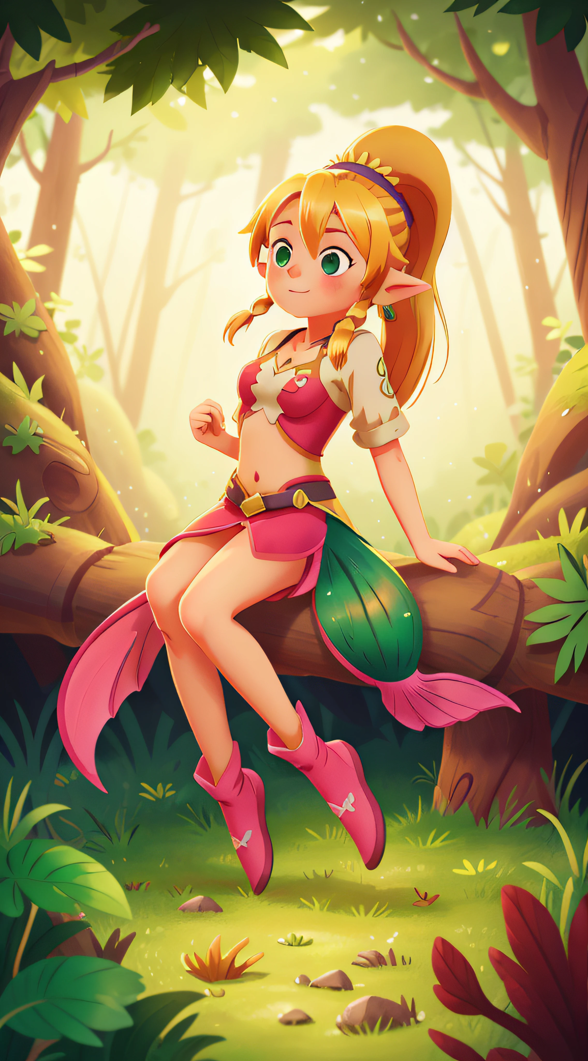 1girl,Blonde, ponytail hair, {elf}, girl, {green eyes}, leafa, mermaid pink human legs