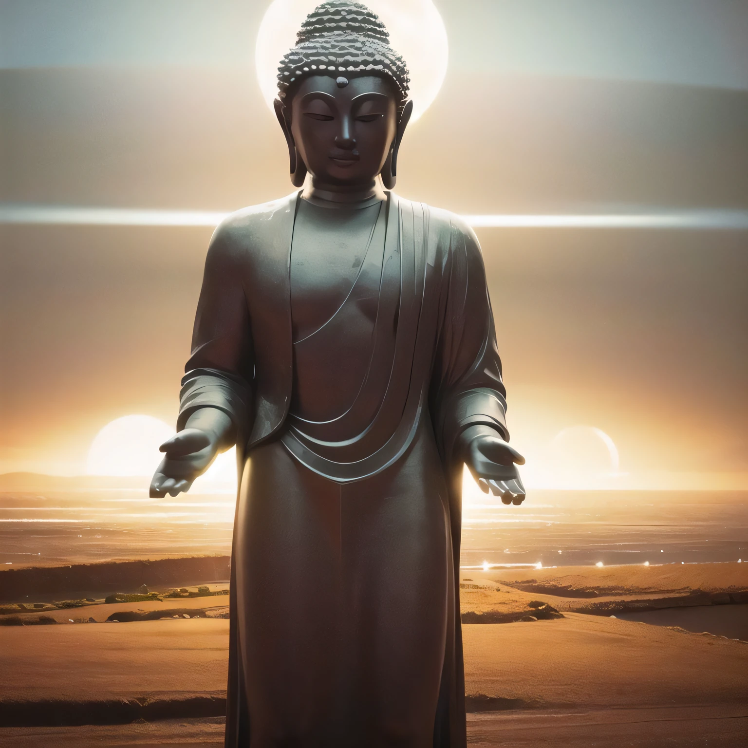 Budda Statue, half body, (light disk behind head:1.8), (in void:1.6), (photorealistic:1.4), (best quality:1.0), (ultra highres:1.0), 8k, RAW photo, (masterpiece:0.2), ultra-detailed, 1male, standing,