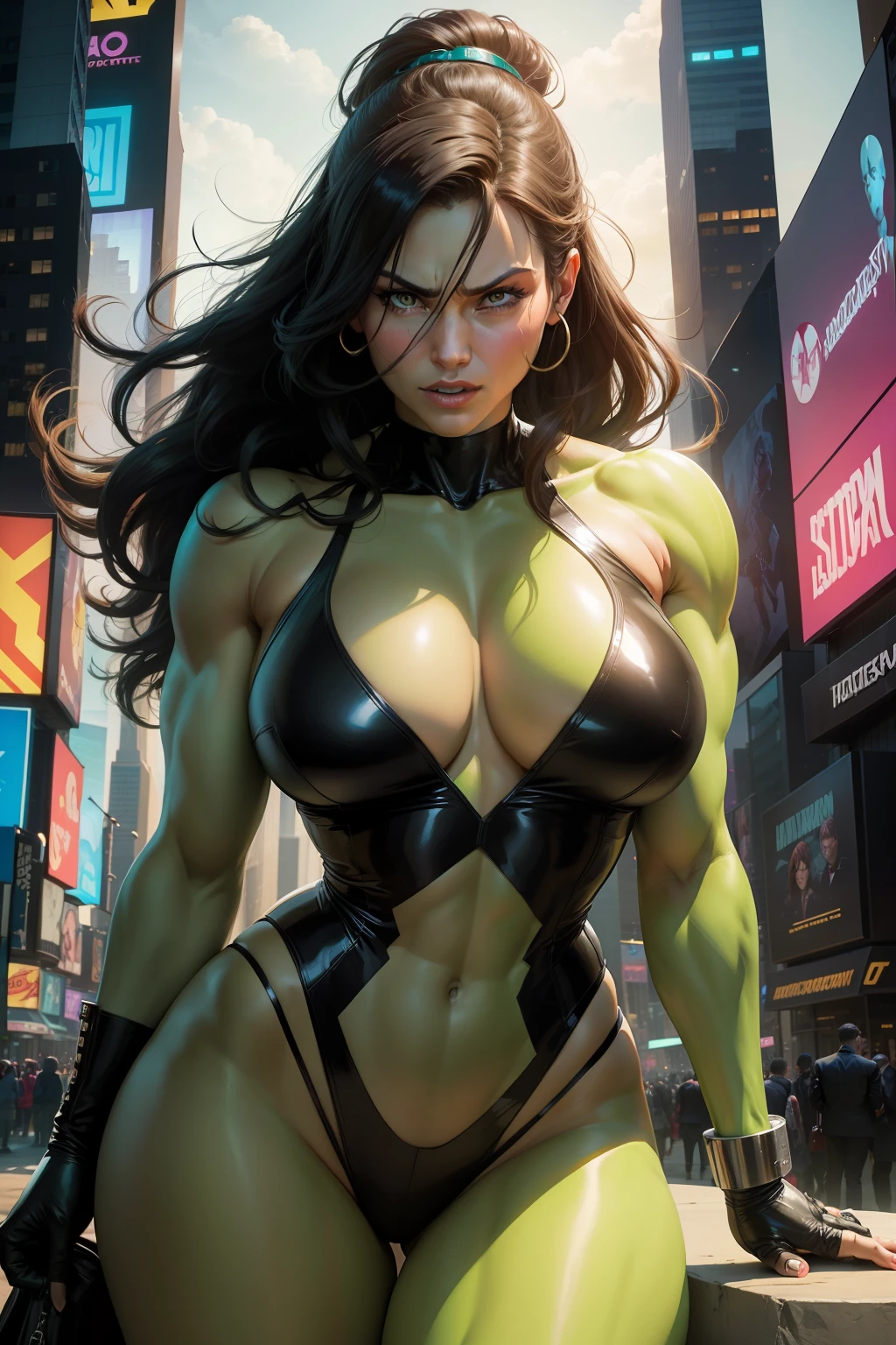 New York, time square, She-Hulk, also known as Jennifer Walters, is a Marvel Comics character. She is a brilliant lawyer and cousin of the original Hulk, Banner Bruce. After receiving a blood transfusion from Banner, Jennifer acquires powers similar to his. However, unlike the green, uncontrollable Hulk, she retains her personality and intelligence while in Hulk form. She displays superhuman strength, stamina, and legal skills, balancing her life as a lawyer with her heroic adventures. She-Hulk is known for her confident attitude and sense of humor, making her an endearing figure in the Marvel universe.