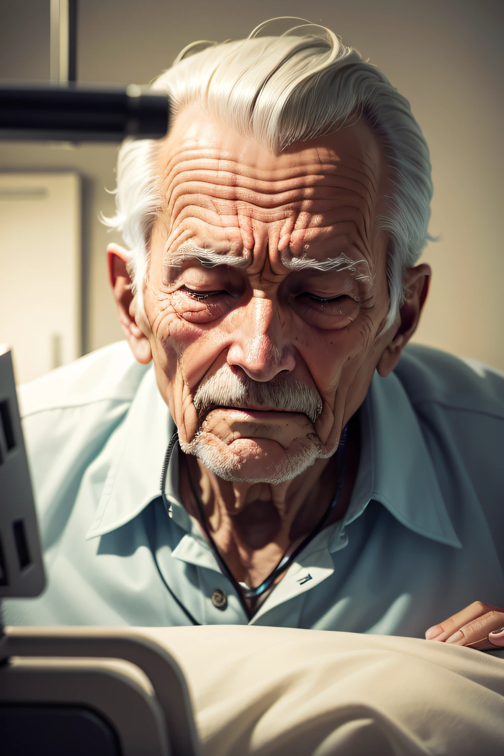 A dying rich old man squinting on the hospital bed