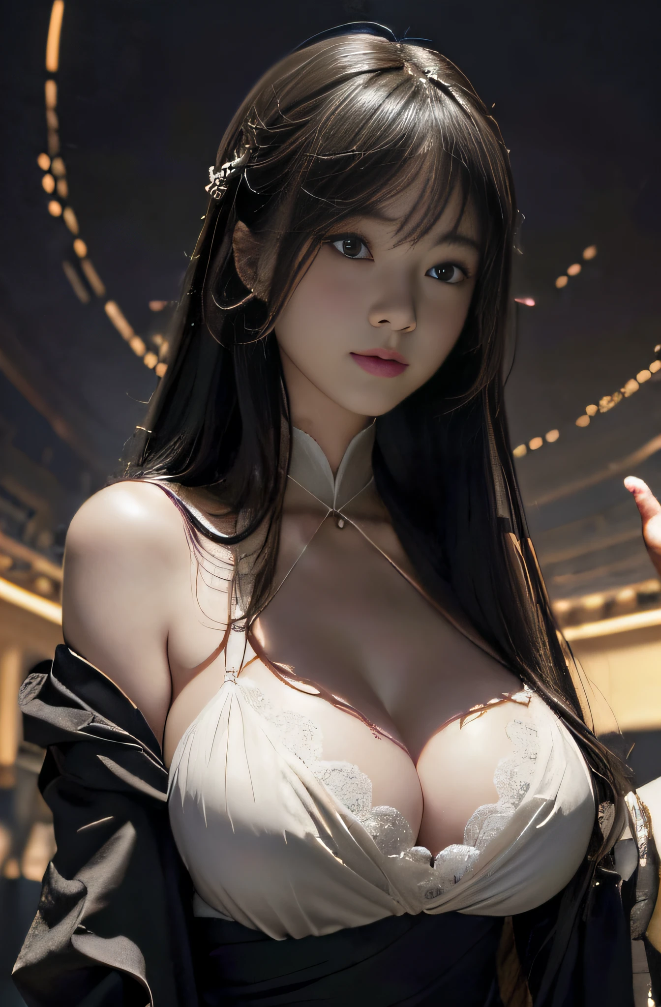(Hyper-realistic) , (illustratio), (Increase the resolution), (8K), (extremely detaile), (Most Best Illustration), (美丽细致的眼睛), (best qualtiy), (ultra - detailed), (tmasterpiece), ( the wallpaper), (详细的脸), 独奏,1个Giant Breast Girl, looking at viewert, exquisite detailing, 详细的脸, in the darkness nigth, deep shading, low tune,pureerosfaceace_V1, ssmile,long whitr hair,Black shawl straight hair,46 points oblique bangs ,big breasts exposed cleavage