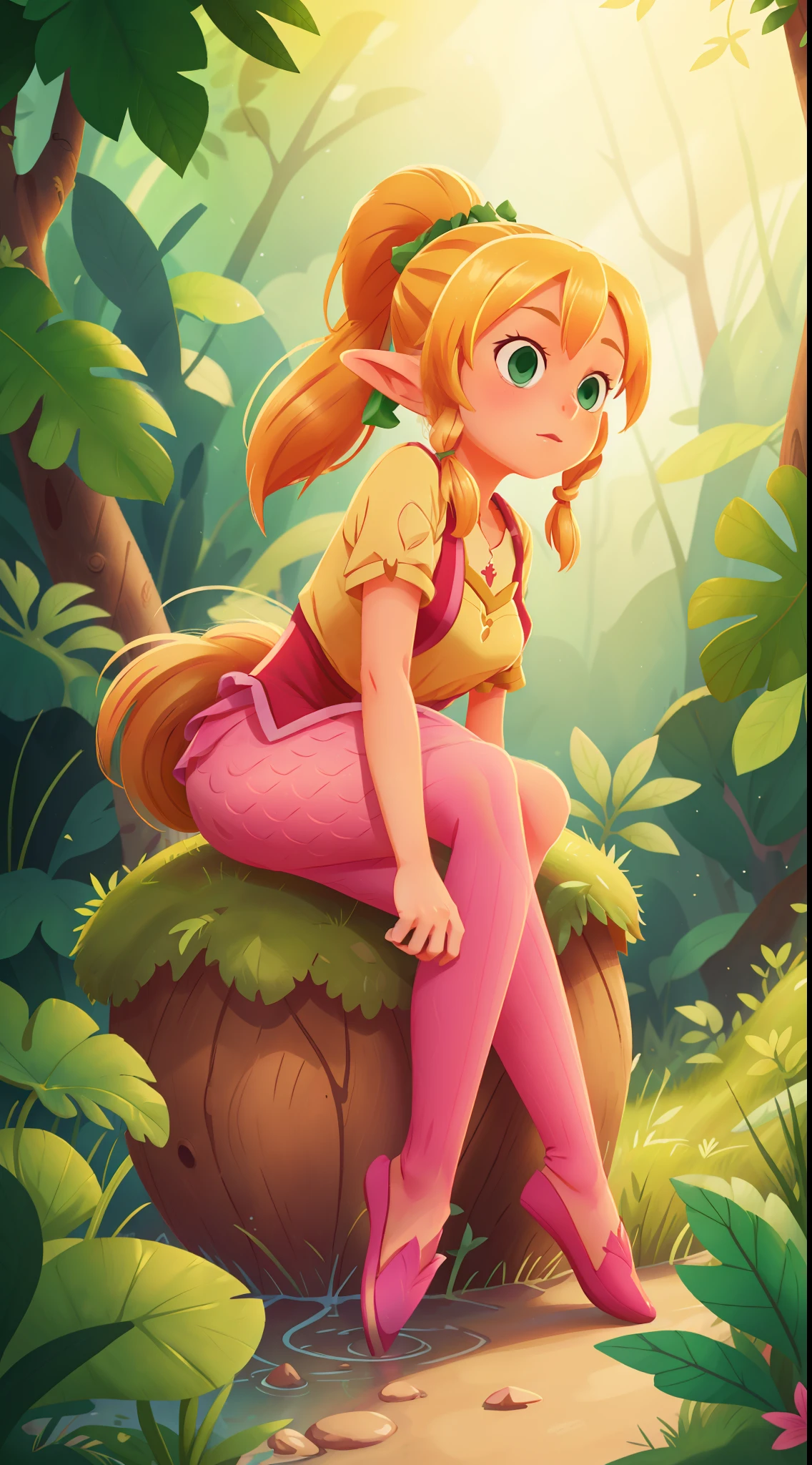 1girl,Blonde, ponytail hair, {elf}, girl, {green eyes}, leafa, mermaid pink human legs