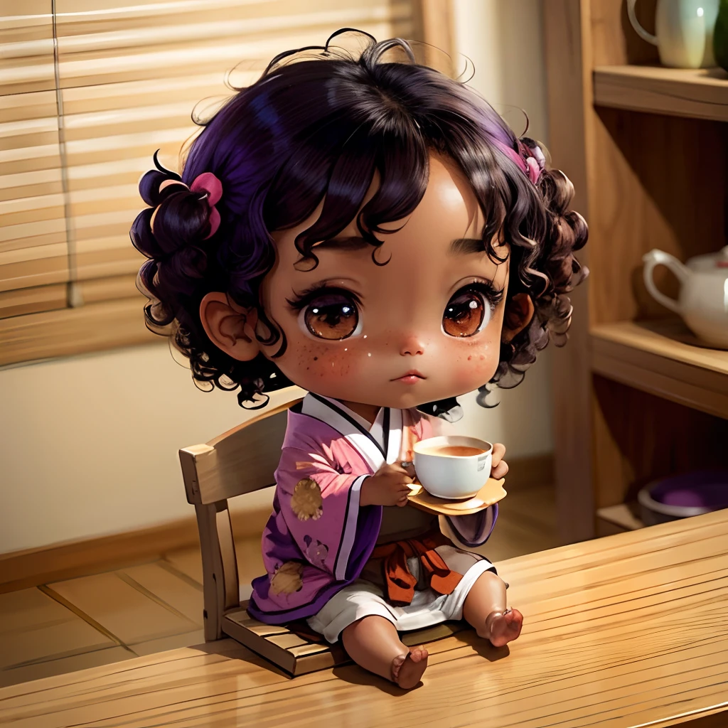 Cute brown skinned baby chibi anime, with freckles,purple and pink kimono, sit in the tea pot, drink tea, curly black hair, in a frame, full body