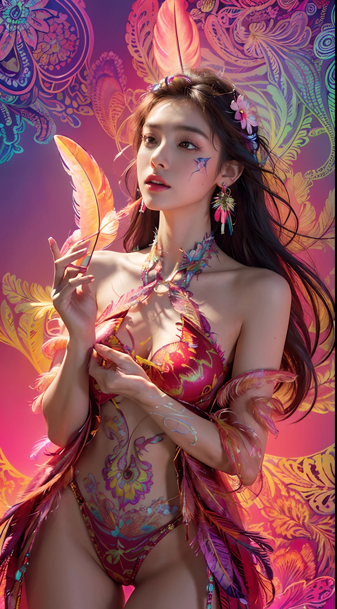(masterpiece, top quality, best quality, official art, beautiful and aesthetic:1.2), (1girl:1.3), extremely detailed,(fractal art:1.1),(colorful:1.1)(flowers:1.3),highest detailed,(zentangle neon:1.2), (dynamic pose), (abstract background neon:1.3), (shiny skin), (many colors:1.4), ,(earrings), (feathers:1.5) , (Flamethrower:1.3),red background,Phoenix dress,Neon,full HD