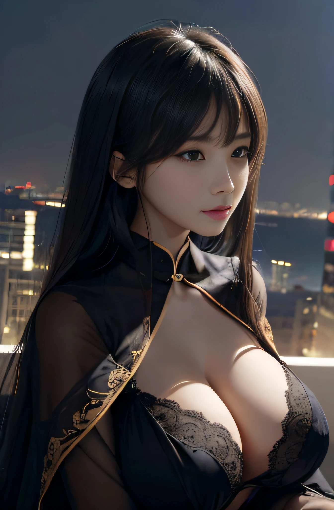 (Hyper-realistic) , (illustratio), (Increase the resolution), (8K), (extremely detaile), (Most Best Illustration), (美丽细致的眼睛), (best qualtiy), (ultra - detailed), (tmasterpiece), ( the wallpaper), (详细的脸), 独奏,1个Giant Breast Girl, looking at viewert, exquisite detailing, 详细的脸, in the darkness nigth, deep shading, low tune,pureerosfaceace_V1, ssmile,long whitr hair,Black shawl straight hair,46 points oblique bangs ,big breasts exposed cleavage