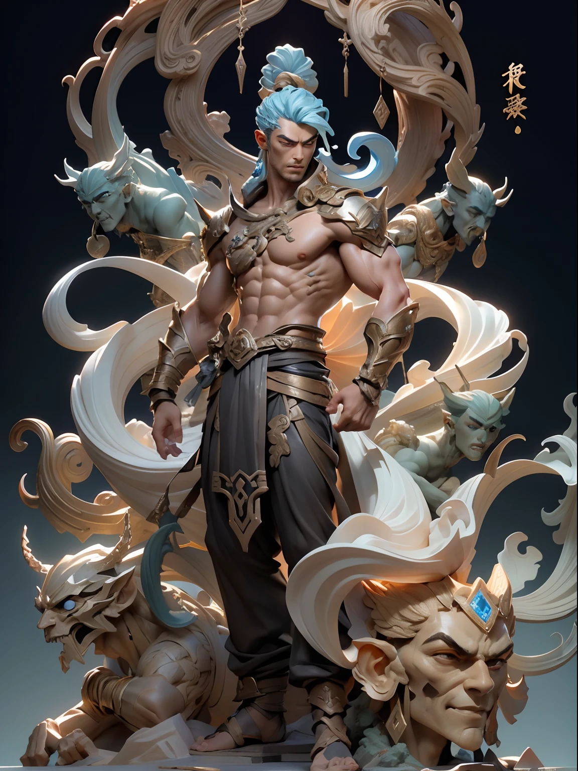 Sculpture design,Figures,GK model,(The whole body of the character),Expose muscles,(sexy for),(Exquisite base),The color of the clothes is gold,blue and violet,Transparent texture,Wu Yifan,Handsome cybernetic boy looking at camera lingerie detailed muscular reality masterpiece,musculous