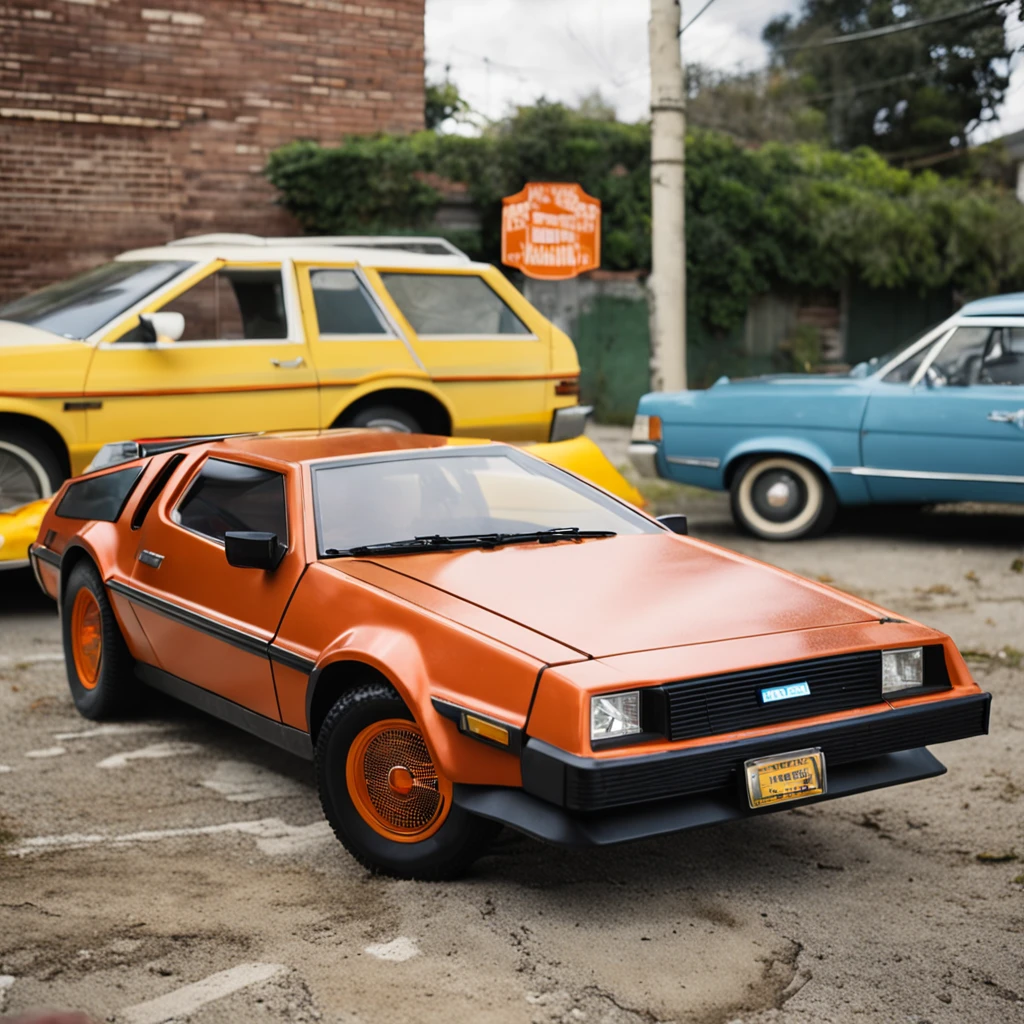 A retro sci-fi delorean car parked in the California neighborhood, no estilo hustlewave, 1980s, Post-Internet aesthetics, Onda de recife, Wet core, Transvanguardista, infantil--45DEG