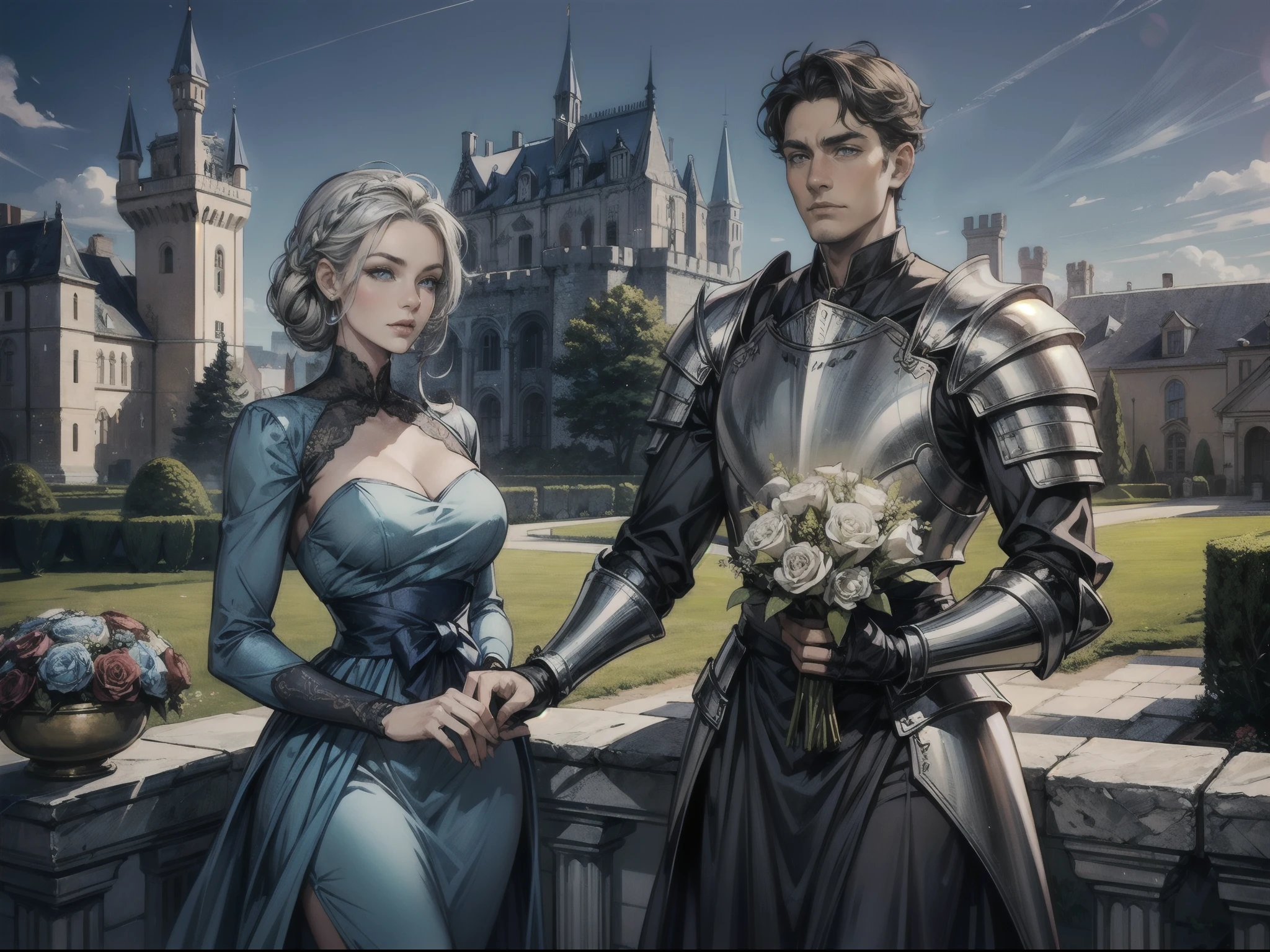 a young royal knight wearing sliver plate armor gives a lady a bouquet, (lady wearing a long blue dress), castle in the background