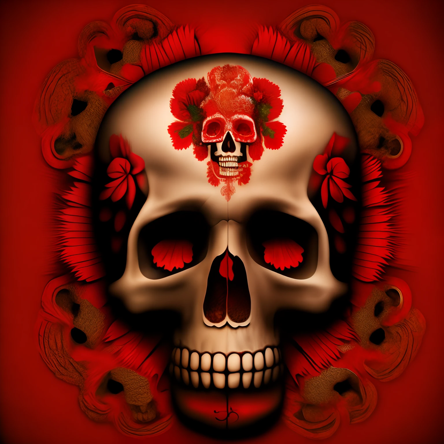 the skull, day of the dead art by linyu hong, in the style of dark white and red, graffiti art, realistic hyper-detail, intricate composition, monumental murals, silver and red, contemporary chican