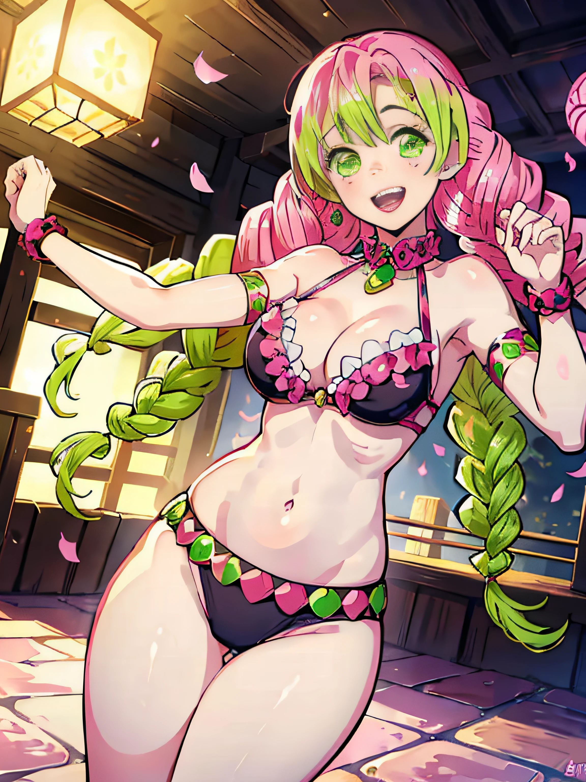 kanroji_mitsuri, 1girl (Masterpiece) (Best Quality) (Shiny Hair) (Glossy Skin), Belly Dancing, Paleo, Dancing Princess, Gradient Hair, Pink Hair, Green Hair, Smile, Wink, Hentai