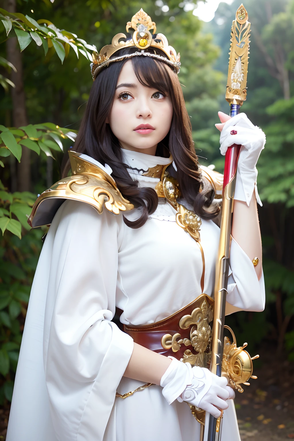 (masutepiece), Professional , ​masterpiece、top-quality、photos realistic , depth of fields （Gemstone Silver Metal Body:1.９),(Matte White、 Gold Weapon_（Metal:1.４),Gorgeous metal weapons , Detailed Sword of the Brave , Beautiful knife   ,warhammer 40k , adepta sororitas,Detail and ornate jewel crown、Brown hair、Gangle's forest background、Beautiful Caucasian beauty、１a person、dynamic ungle,(((Detailed and ornate diamond crown)))、Particles of light、