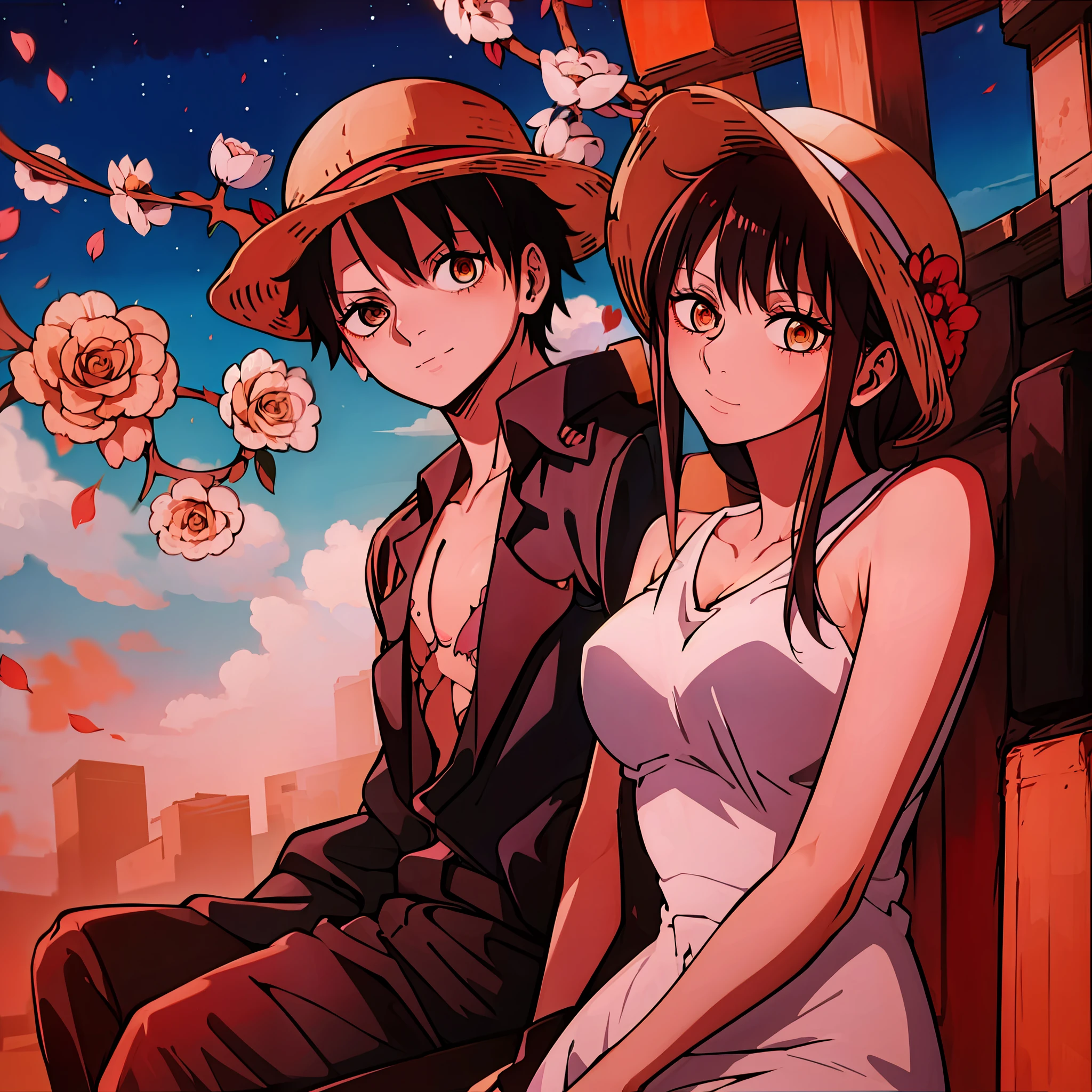 Makima, monkey d luffy, couple ,Lovey Dovey,, , ,, 1boy+1GIRL, couple, subrealist, sky , tulipan, nighte, psychedelic