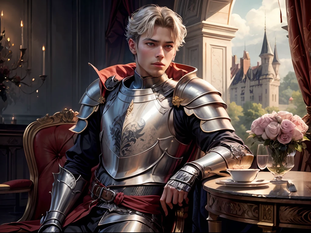 a young royal knight waiting, holding a rose, silver plate armor, castle garden
