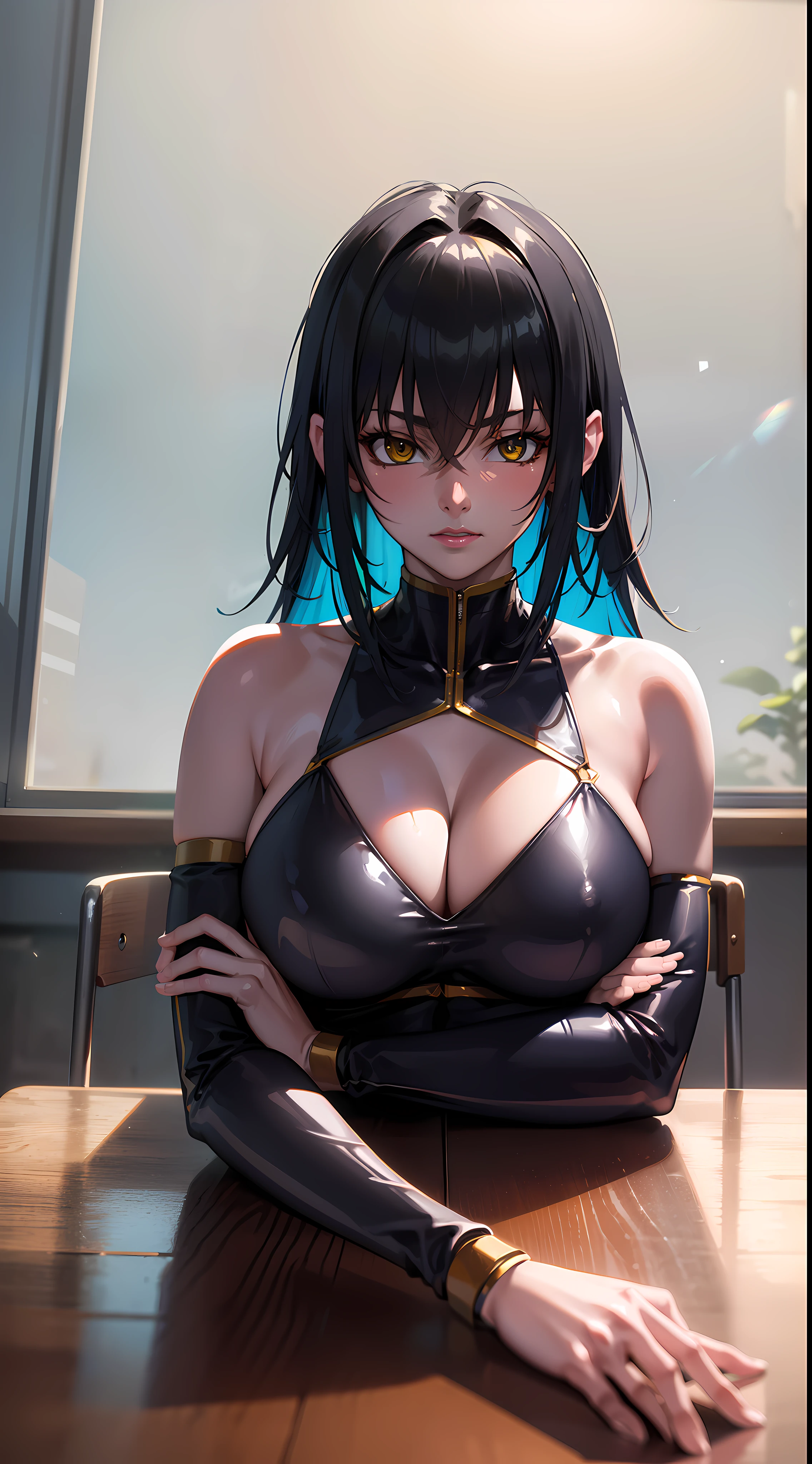 professional artwork, Intricate Details, field of view, sharp focus, detailed painting, photorealistic lighting, trending on pixiv,(masterpiece:1.0),(best_quality:1.0), ultra high res, ultra-detailed, photography, 8K, HDR, highres, absurdres:1.2, Kodak portra 400, film grain, sharp focus, bokeh:1.2, lens flare, (vibrant_color:1.2), (((indoors, classroom, classroom details, sitting on chair, perfect anatomy sitting, leaning to table))), Annerose, 1girl, female mature, black hair, long hair, (yellow eyes), large breasts, fully dressed, higheels, skin tight, hair intakes, cleavage, (solo:1.4), (upper body, half body shot),