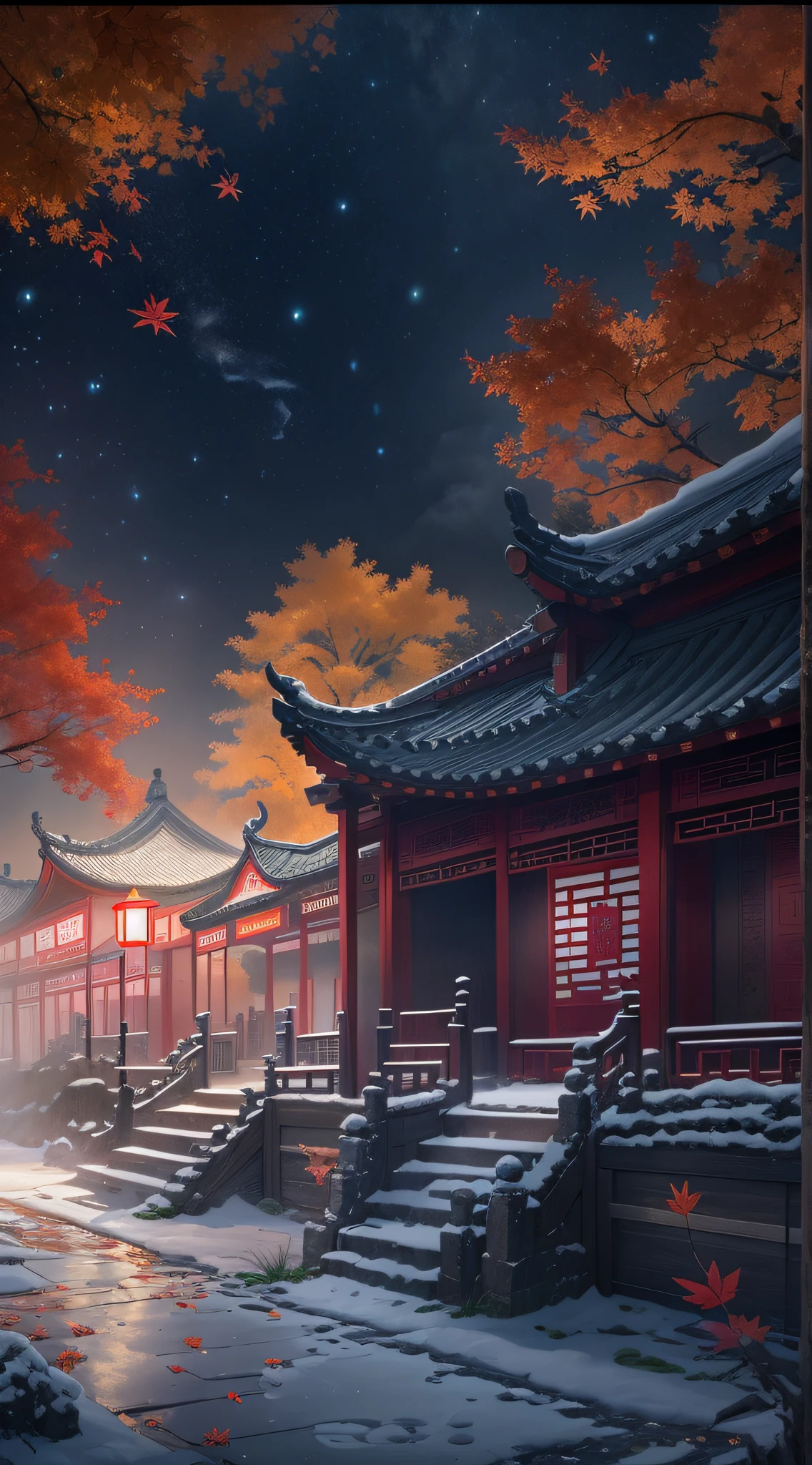 Rendering in surreal CG ancient China，Jiangnan ancient buildings and ancient towns have Yaolin wonderland。the night，The stars are bright，The smoke is fascinating，Maple leaves and milk leaves are trees。snow landscape。k hd