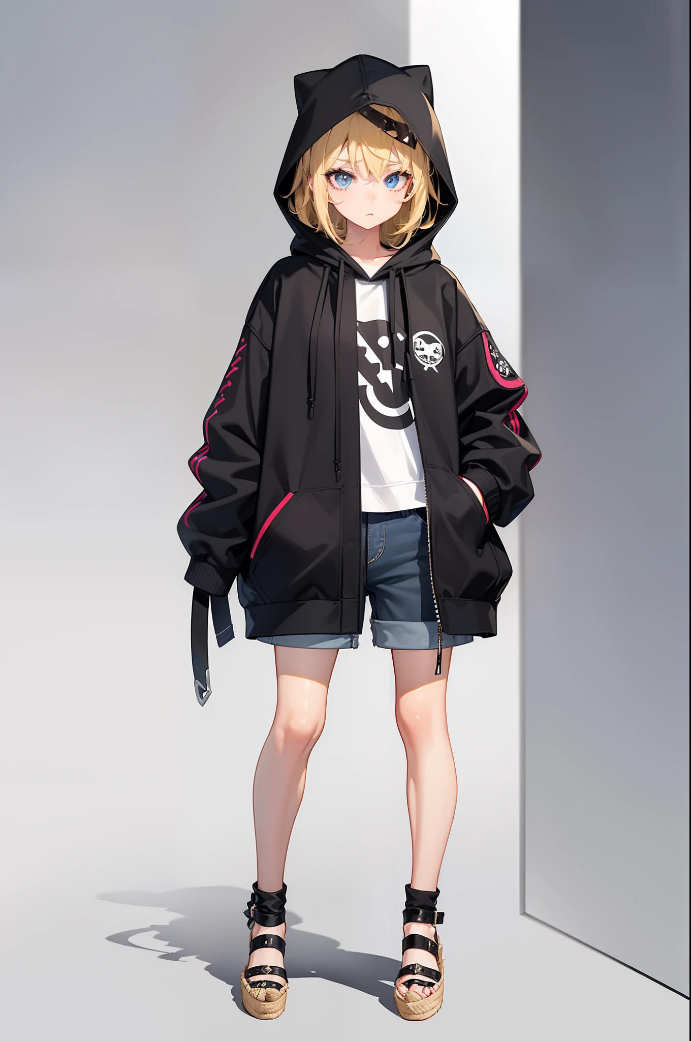 ((1 girl, only girl)), ((simple background)), ((anime, large eye, deformation, cute, anime character, simple, eye highlight, simple small nose, few hair highlight, smooth line)), (Supreme resolution, best quality, 8K, masterpiece), (avoid eye contact), (natural posture, Full body, Standing, upright posture), , Wavy blonde hair、 ((punk fashion, punk, Coming hoodie, wearing hat, Wearing a hood over a hat, Black stockings that reach her inseam, espadrilles.)), 10 generations, Wavy blonde hair, short-cut、 boyish、 ((punk fashion, punk, Coming hoodie, wearing hat, Wearing a hood over a hat, Black stockings that reach her inseam, Wearing a Yen, espadrilles, short pants)), cool expression, 10 generations,