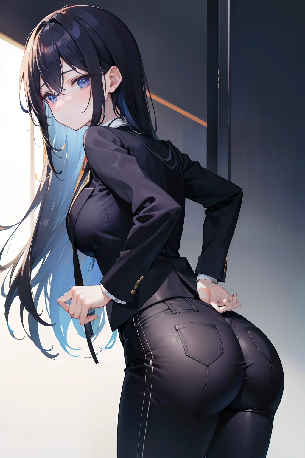 One cocked her ass,Beautiful woman in men's suit,cabelos preto e longos,skinny pants。