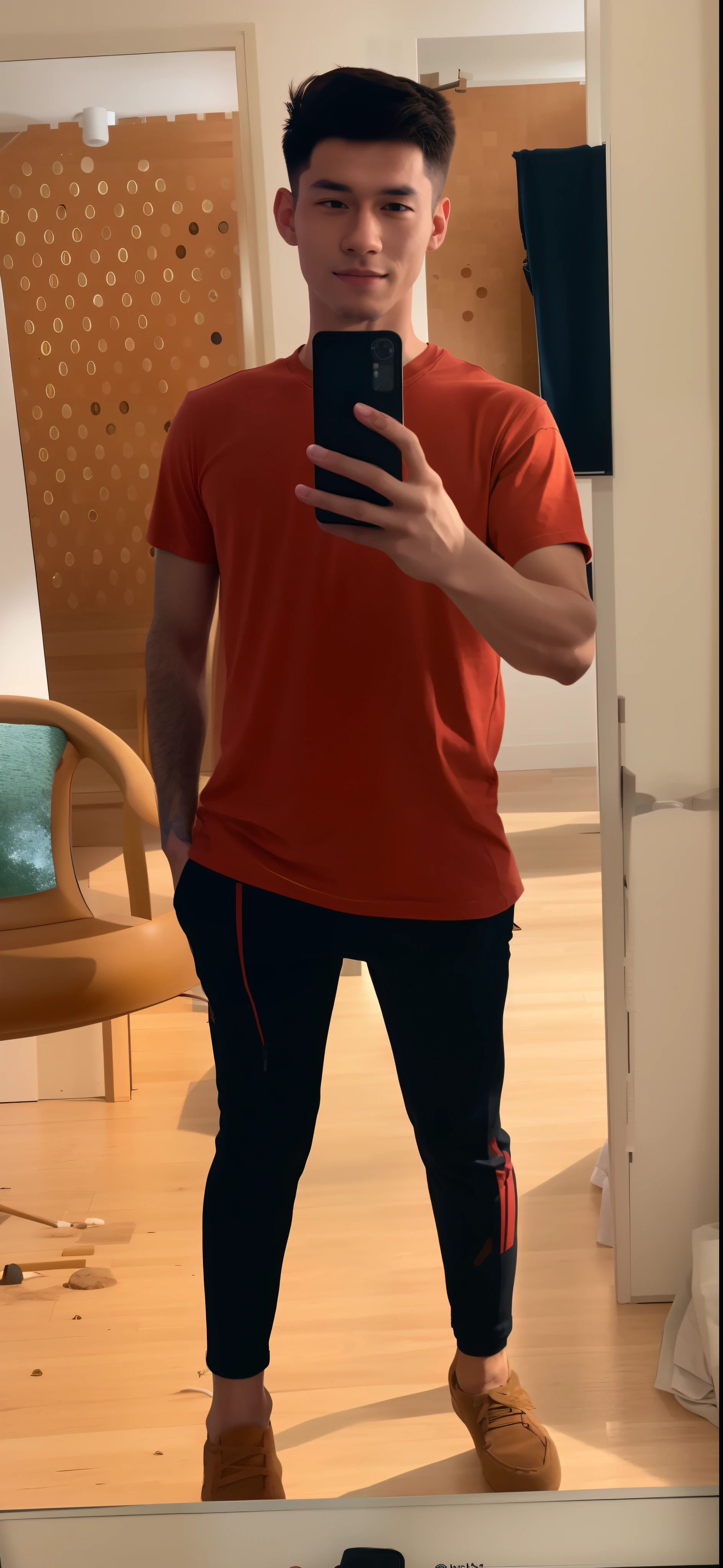 there is a man taking a selfie in a mirror, full body picture, full body profile camera shot, around 1 9 years old, wearing pants and a t-shirt, taken in the early 2020s, profile photo, full body in camera, full body photograph, distant full body shot, full body photogenic shot, he is wearing a black t-shirt