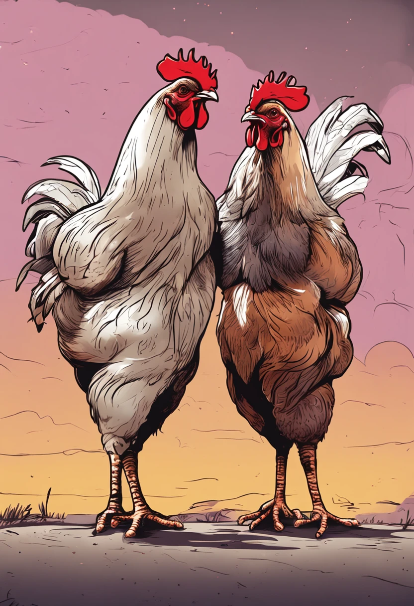 Two chickens in suspenders fight with basketball